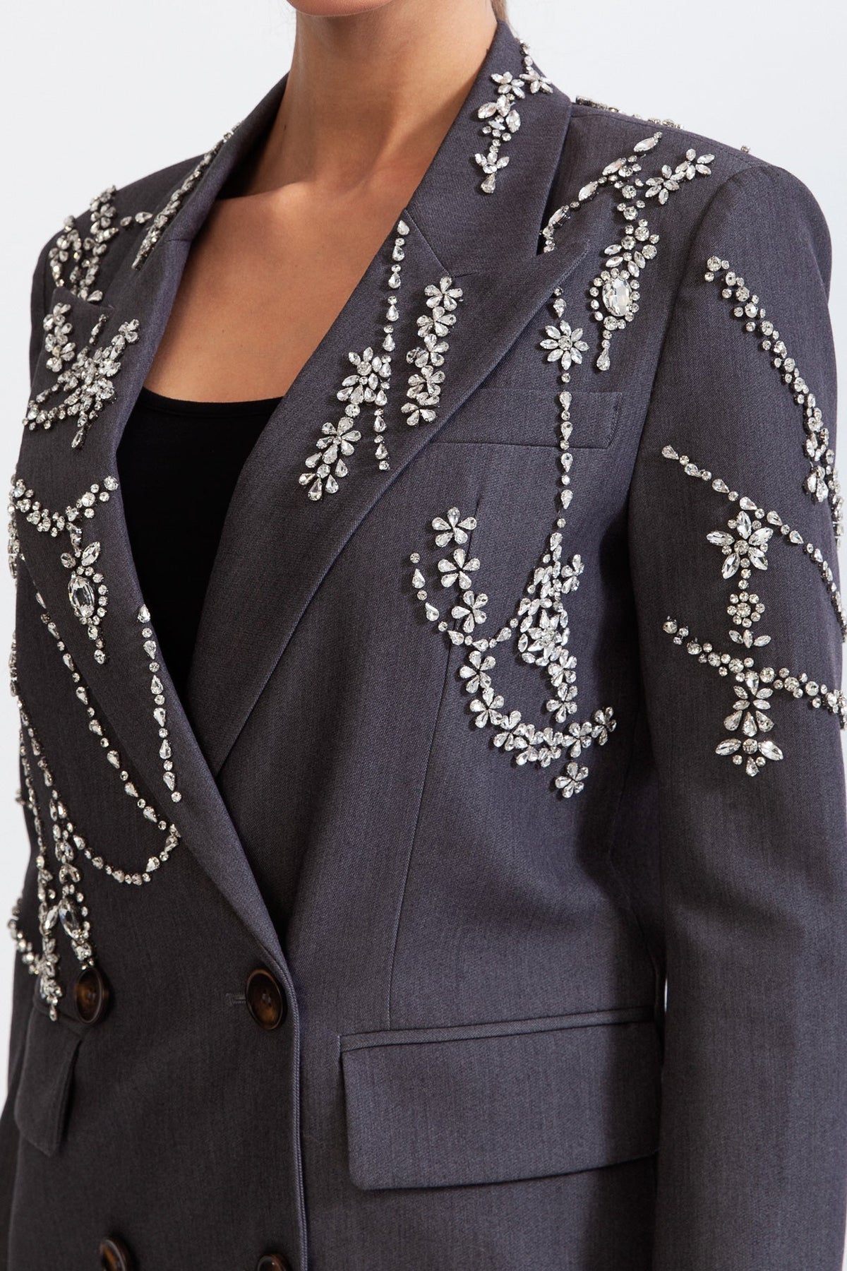 ELARA Double Breasted Long Blazer with Jewels - Grey