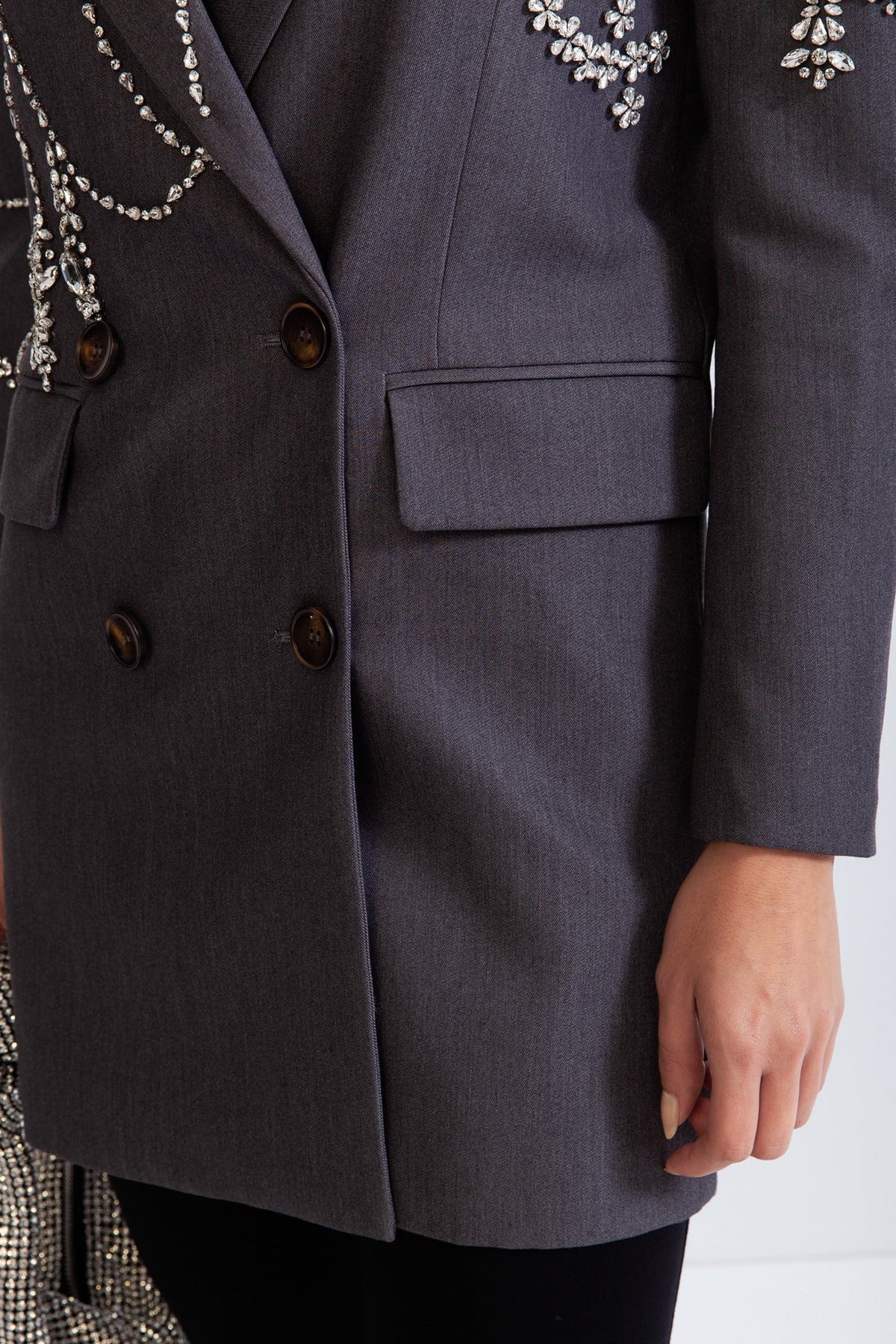 ELARA Double Breasted Long Blazer with Jewels - Grey