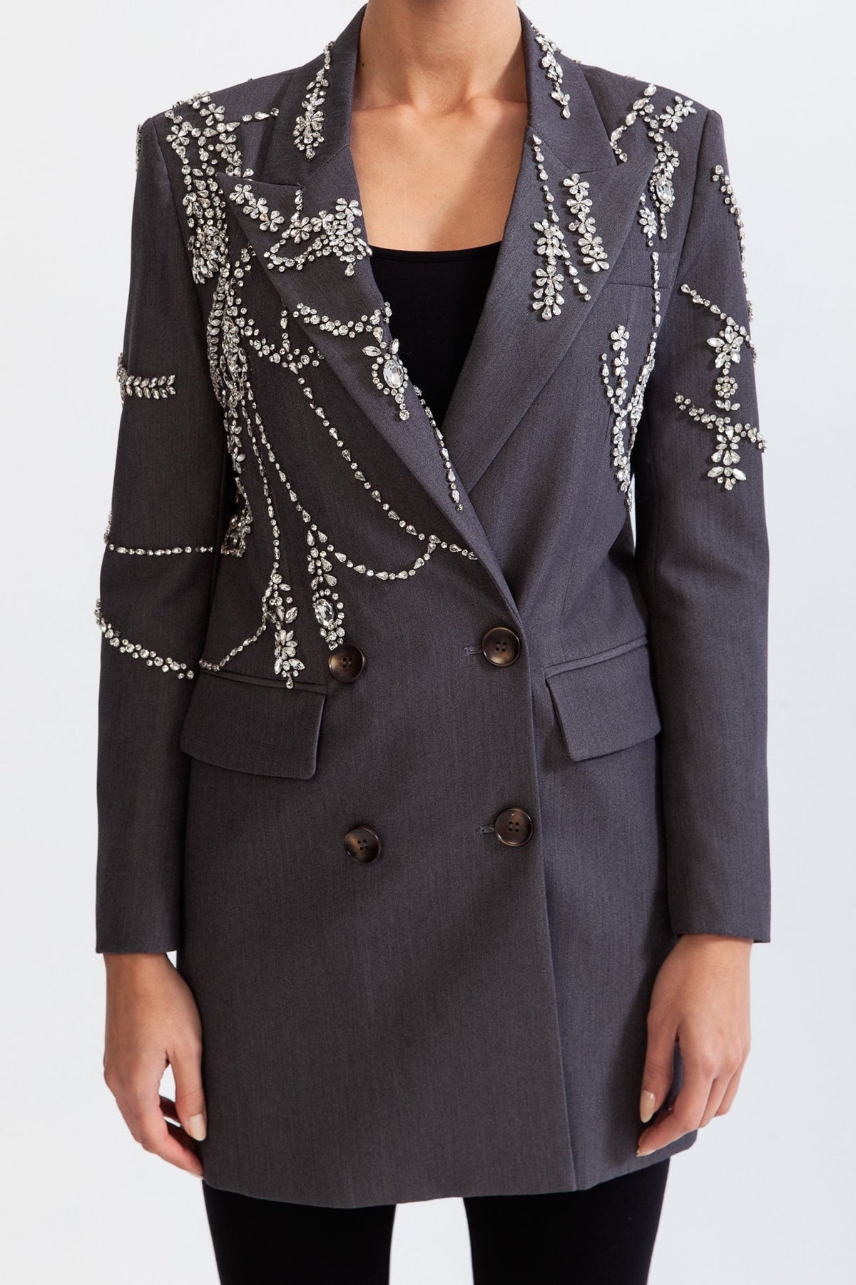 ELARA Double Breasted Long Blazer with Jewels - Grey
