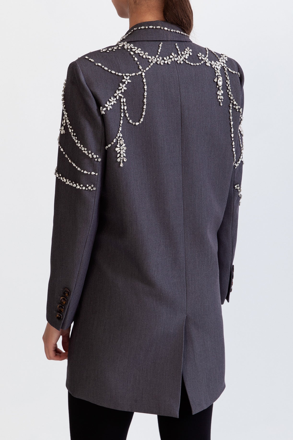 ELARA Double Breasted Long Blazer with Jewels - Grey