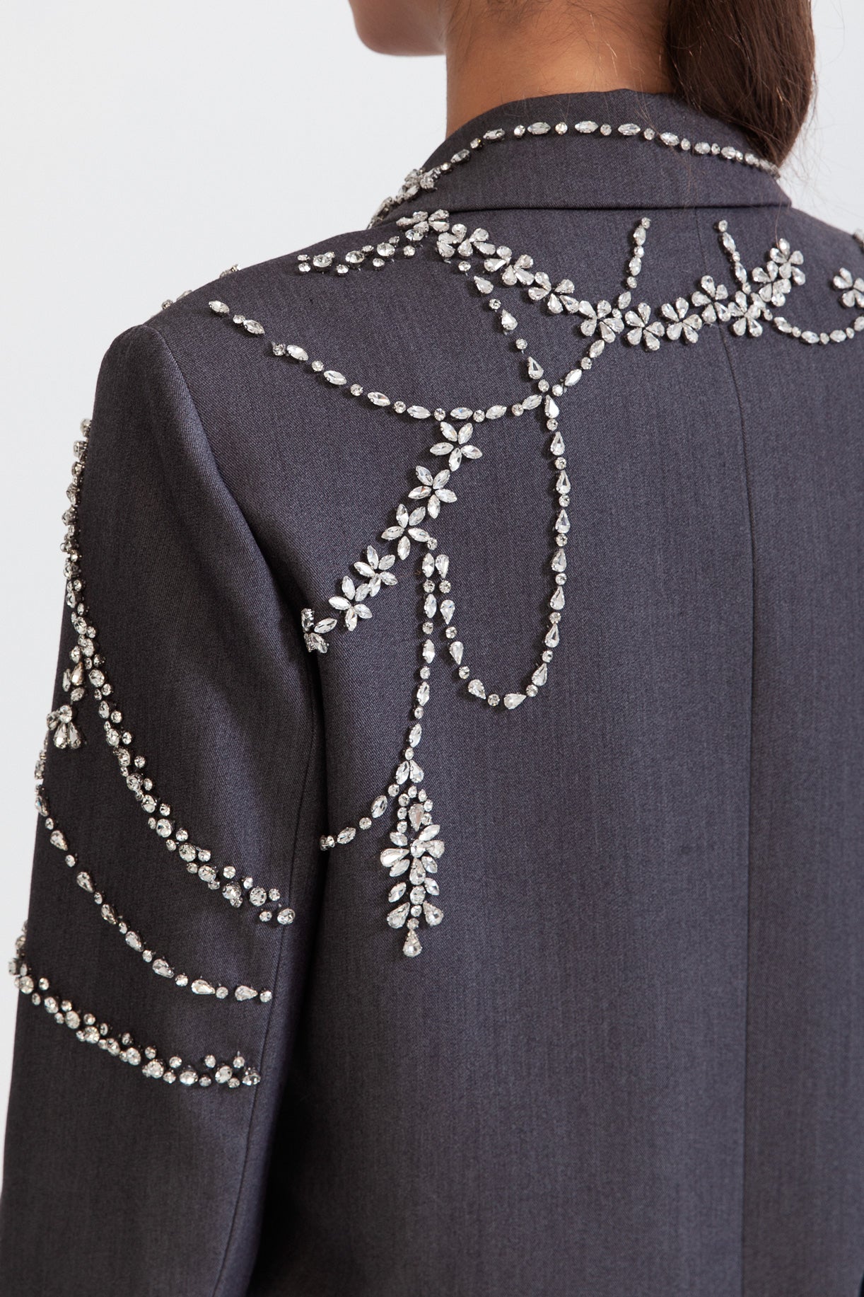 ELARA Double Breasted Long Blazer with Jewels - Grey