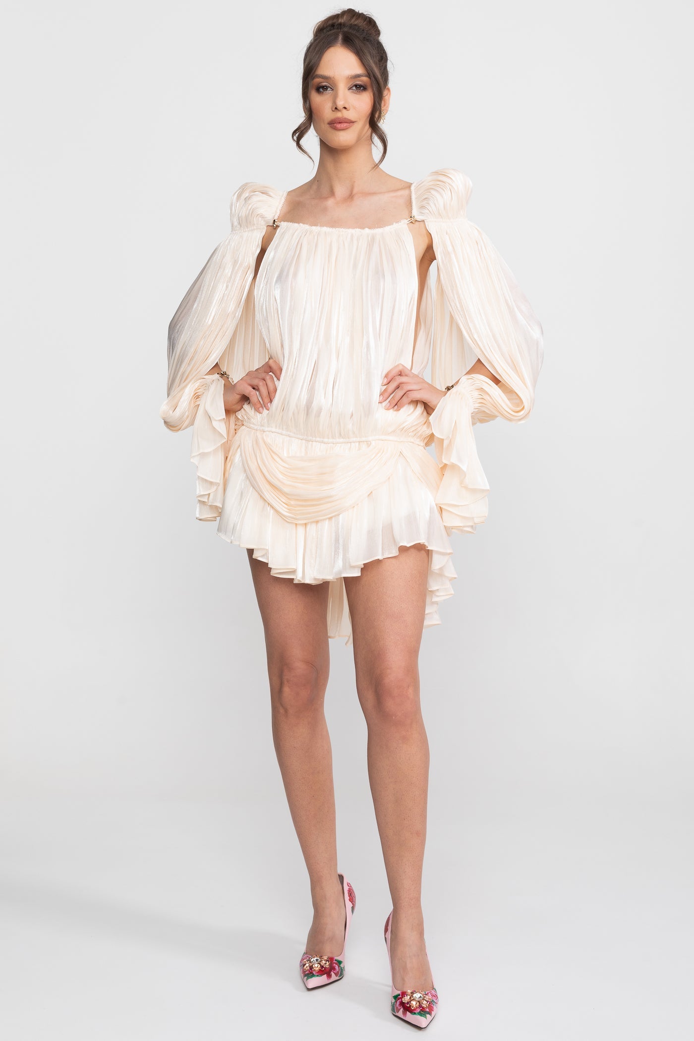 Sheer Draped Mini Dress With Cape Sleeves And Gold Clip Detail - Ivoire