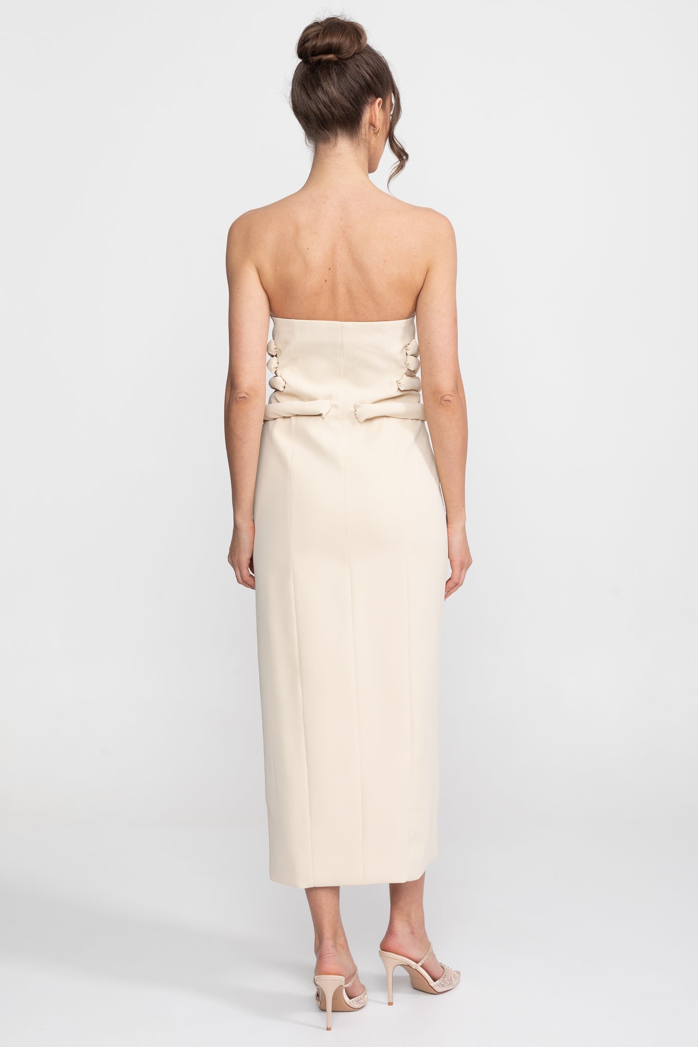 Strapless Midi Dress With Sculptural Knotted Bodice Detail And Jewel Buttons - Cream