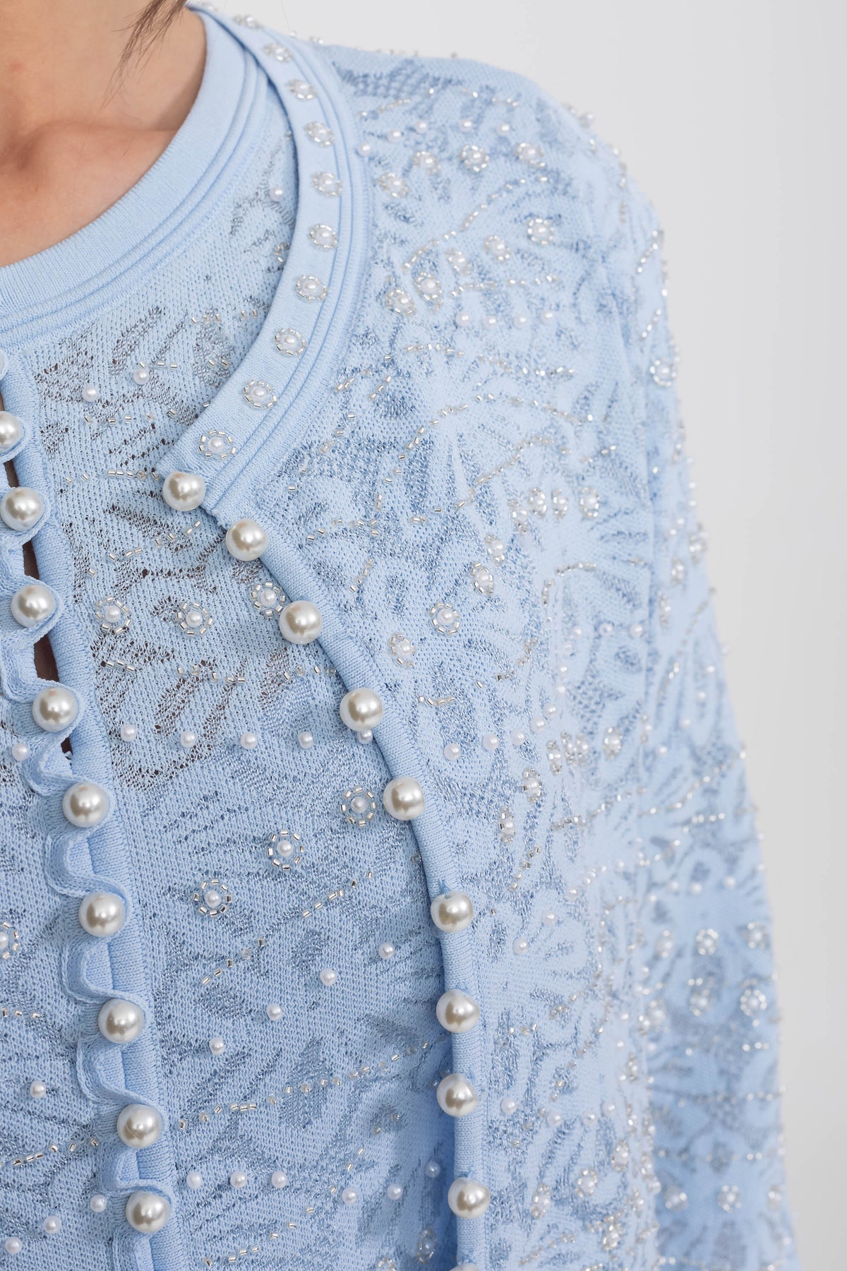 Embellished Long Sleeve Cardigan With Pearl Button Closure - Blue