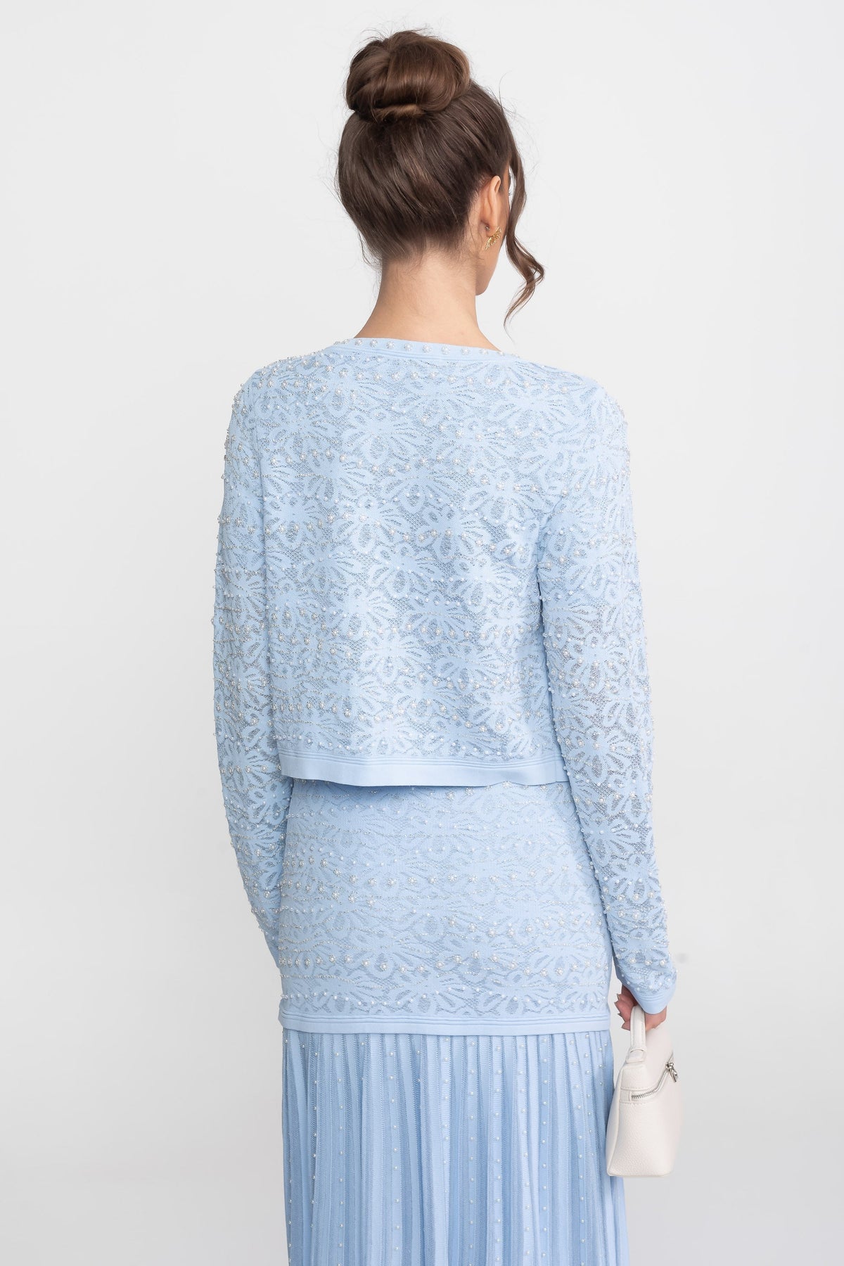 Embellished Long Sleeve Cardigan With Pearl Button Closure - Blue
