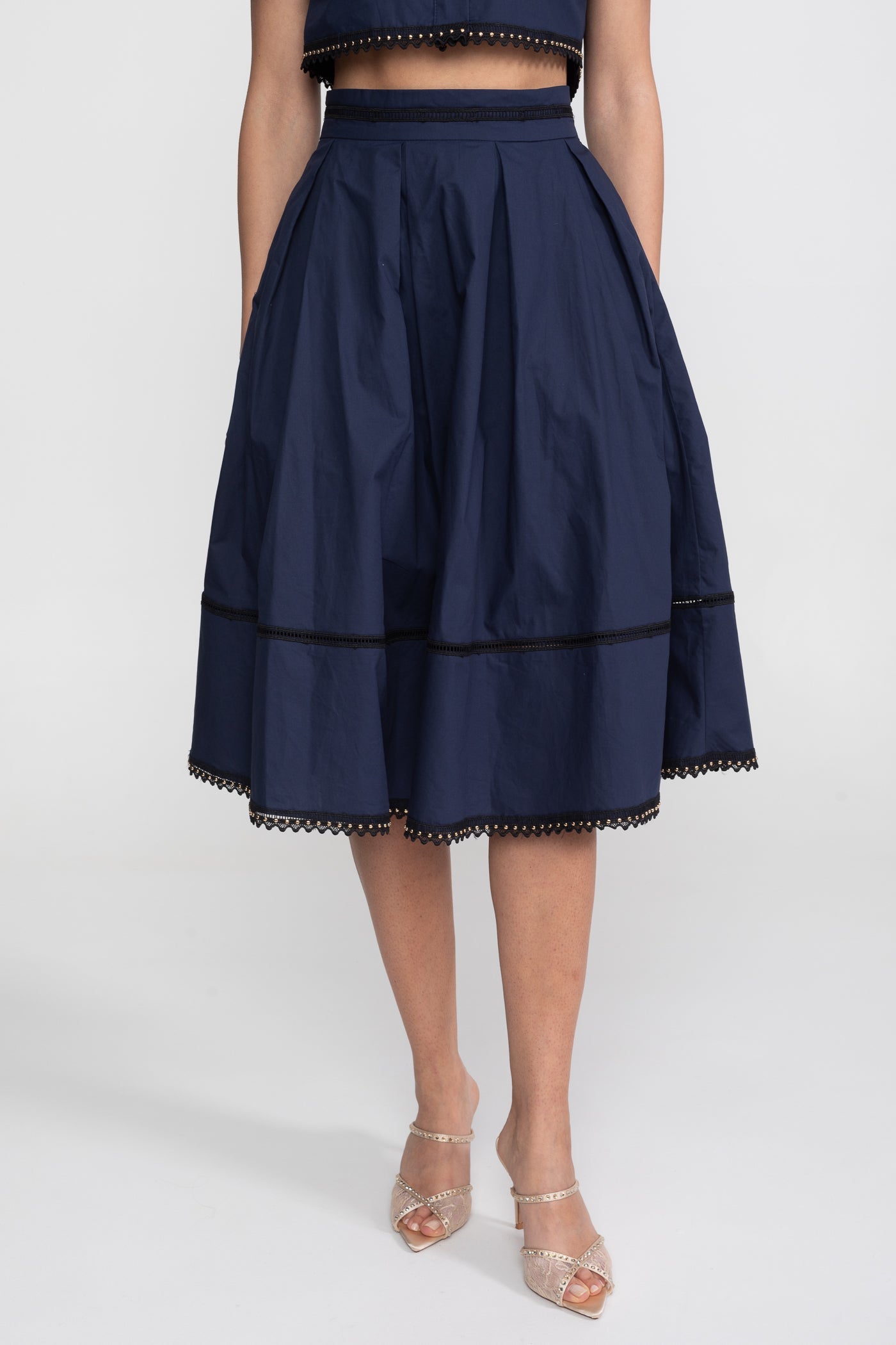 Broderie-Trim Cropped Shirt And Midi Skirt Co-Ord Set - Navy