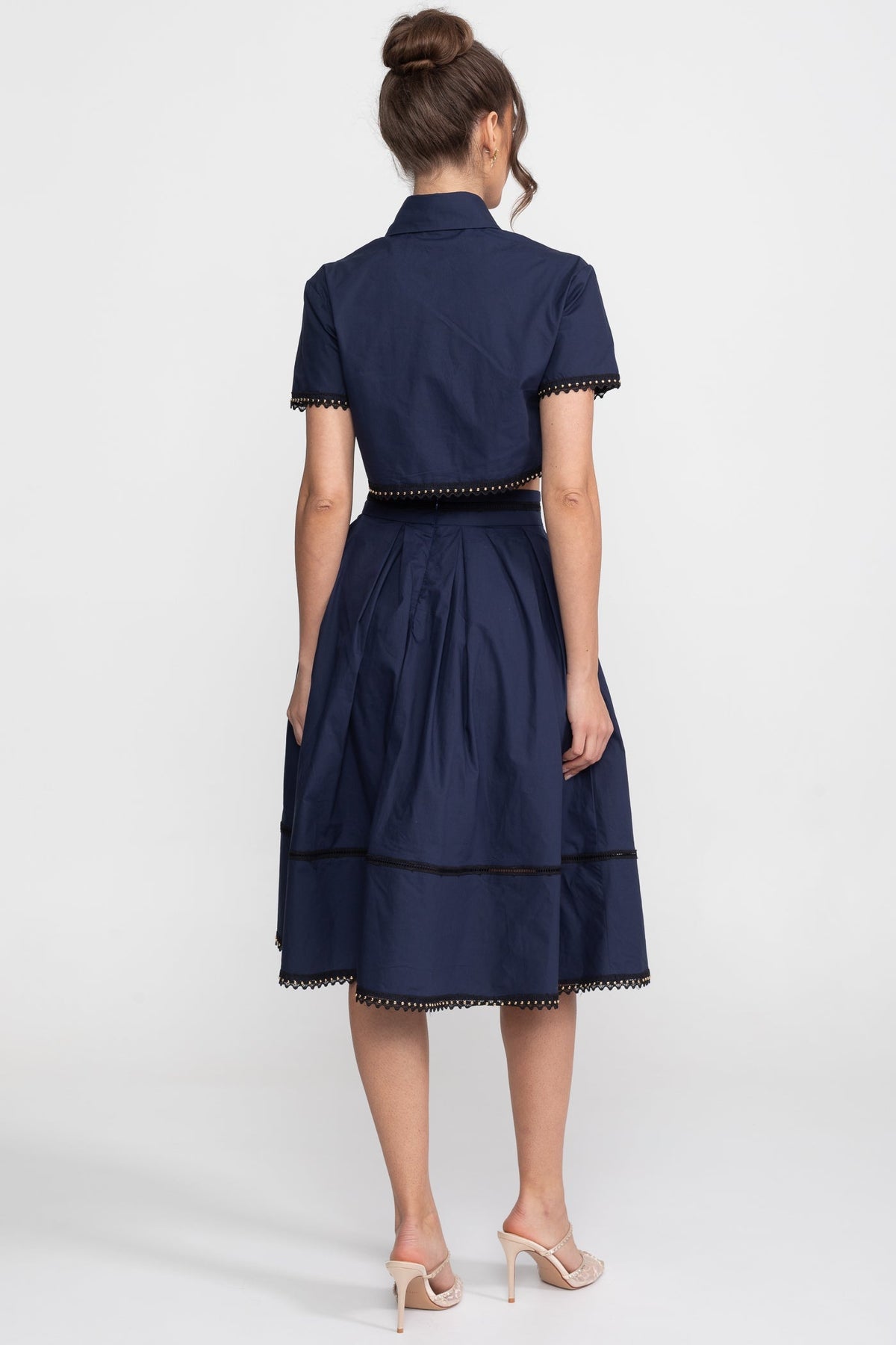 Broderie-Trim Cropped Shirt And Midi Skirt Co-Ord Set - Navy
