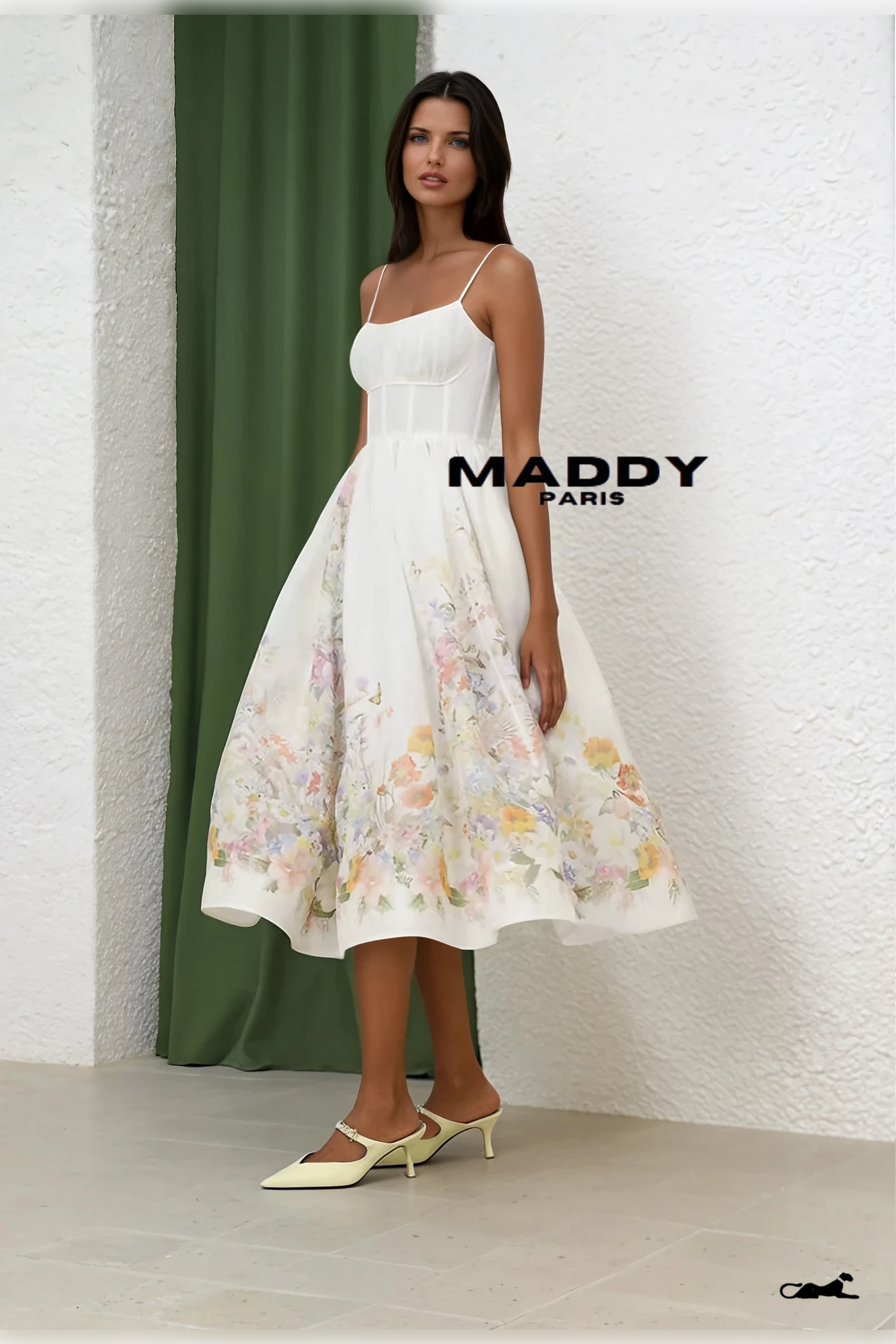 Alessandra Floral Linen & Silk Organza Corset Midi Dress - White