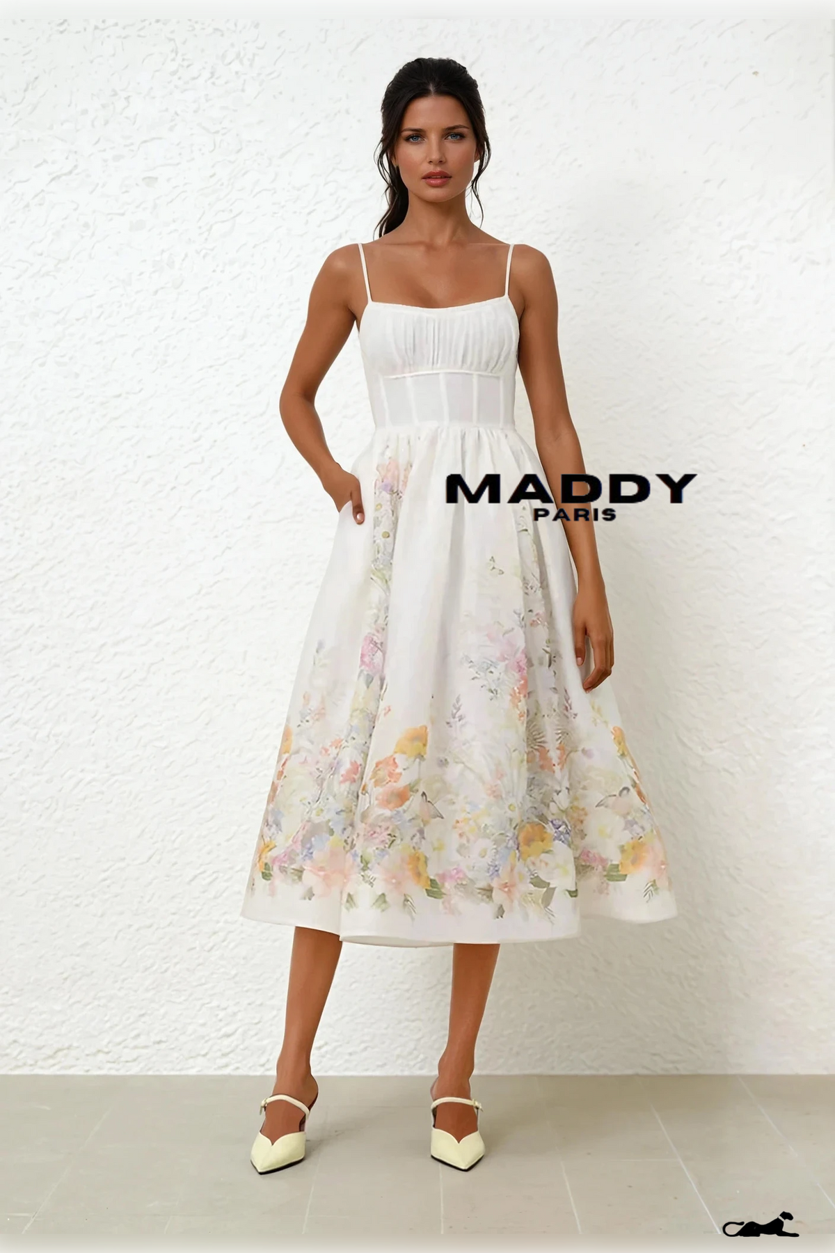 Alessandra Floral Linen & Silk Organza Corset Midi Dress - White