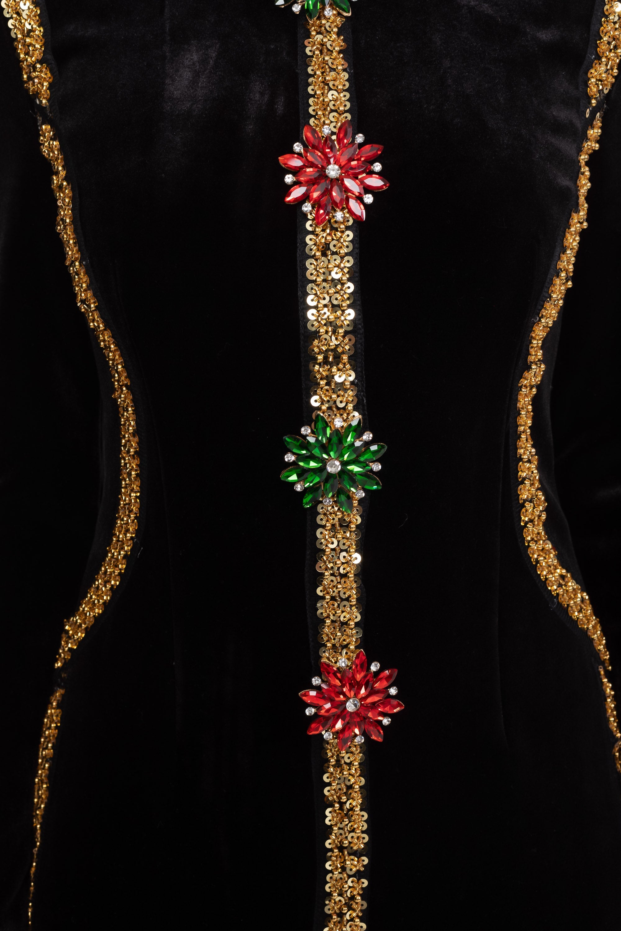 Velvet Maxi Dress With Gold Sequin Trim And Crystal Brooch Detail - Black