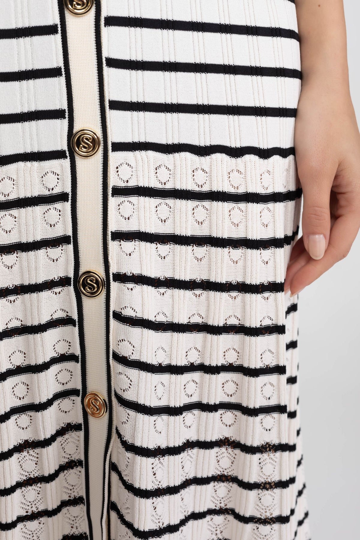 Cosima White/Black Striped Sleeveless Knit Midi Dress With V-Neck And Gold Buttons
