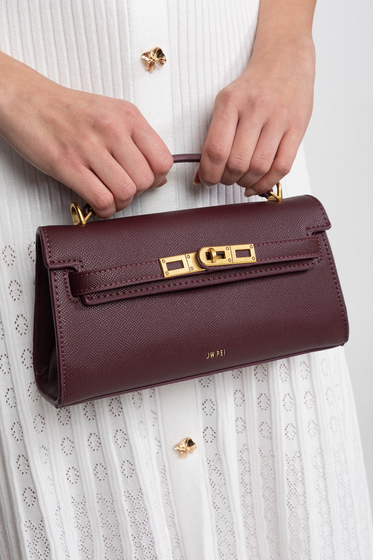 Structured Kelly-Style Mini Bag With Gold-Tone Hardware - Burgundy