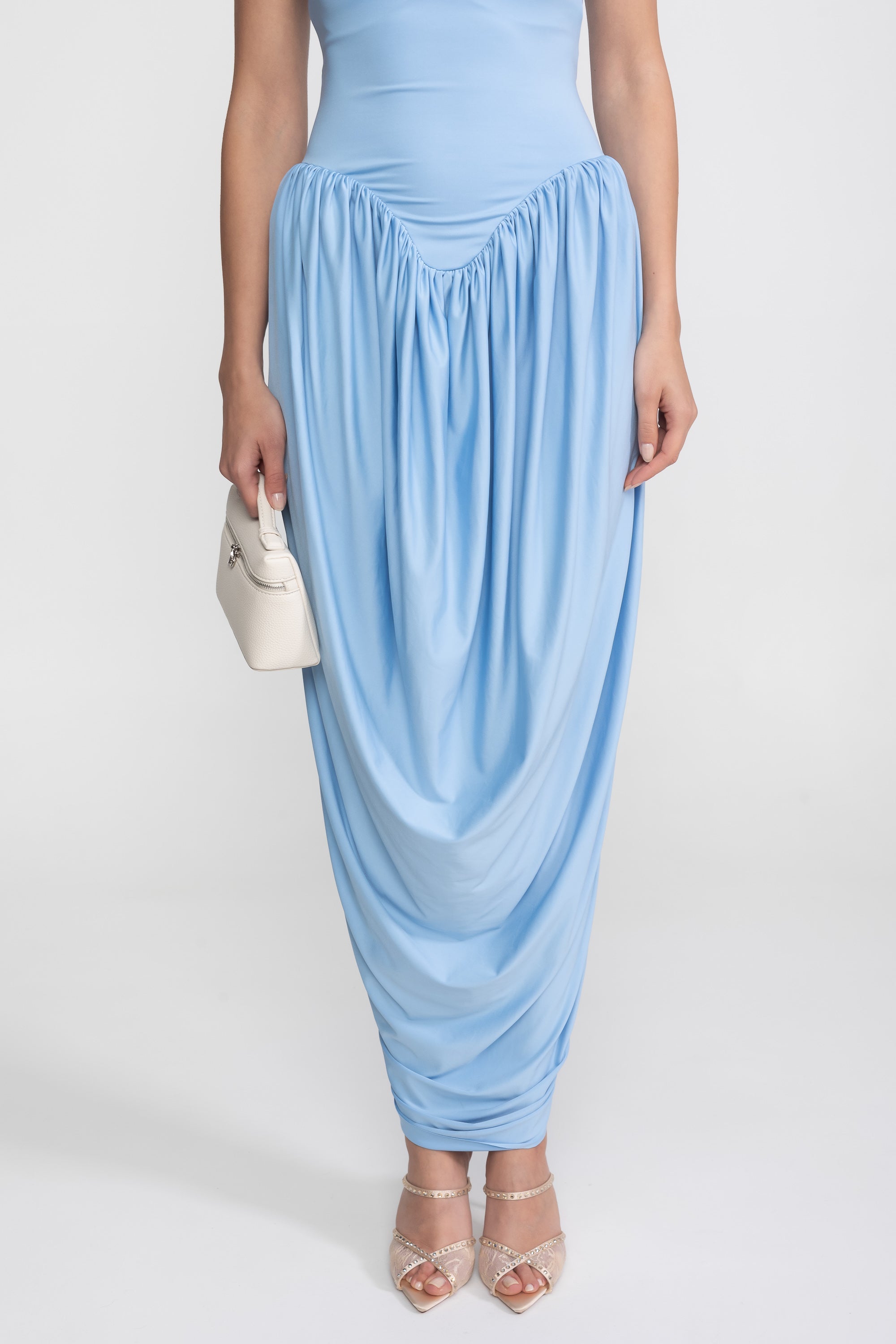 Halter-Neck Maxi Dress With Gathered Balloon Skirt - Light Blue