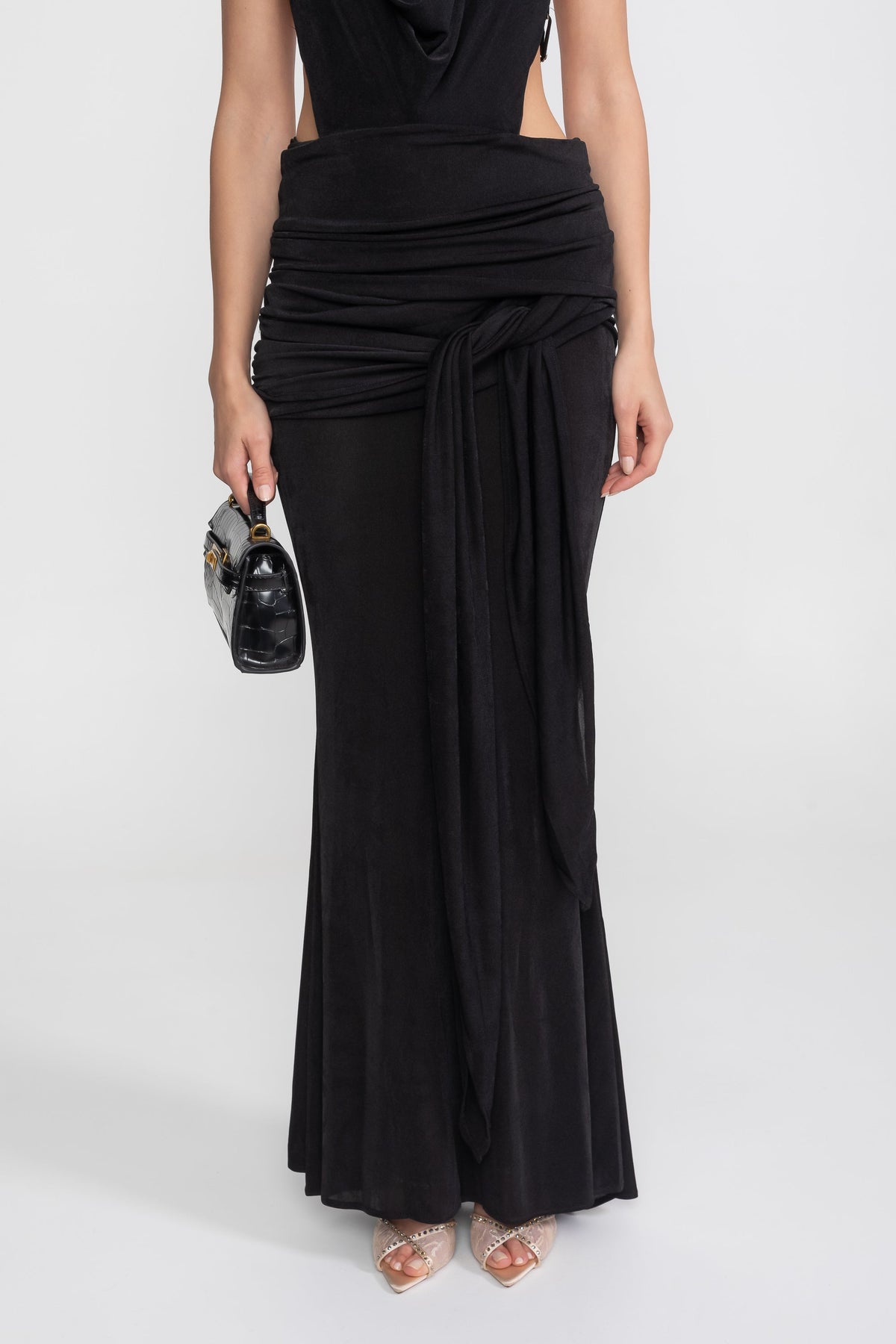 Draped Halter Gown With Ruched Side Tie Detail - Black