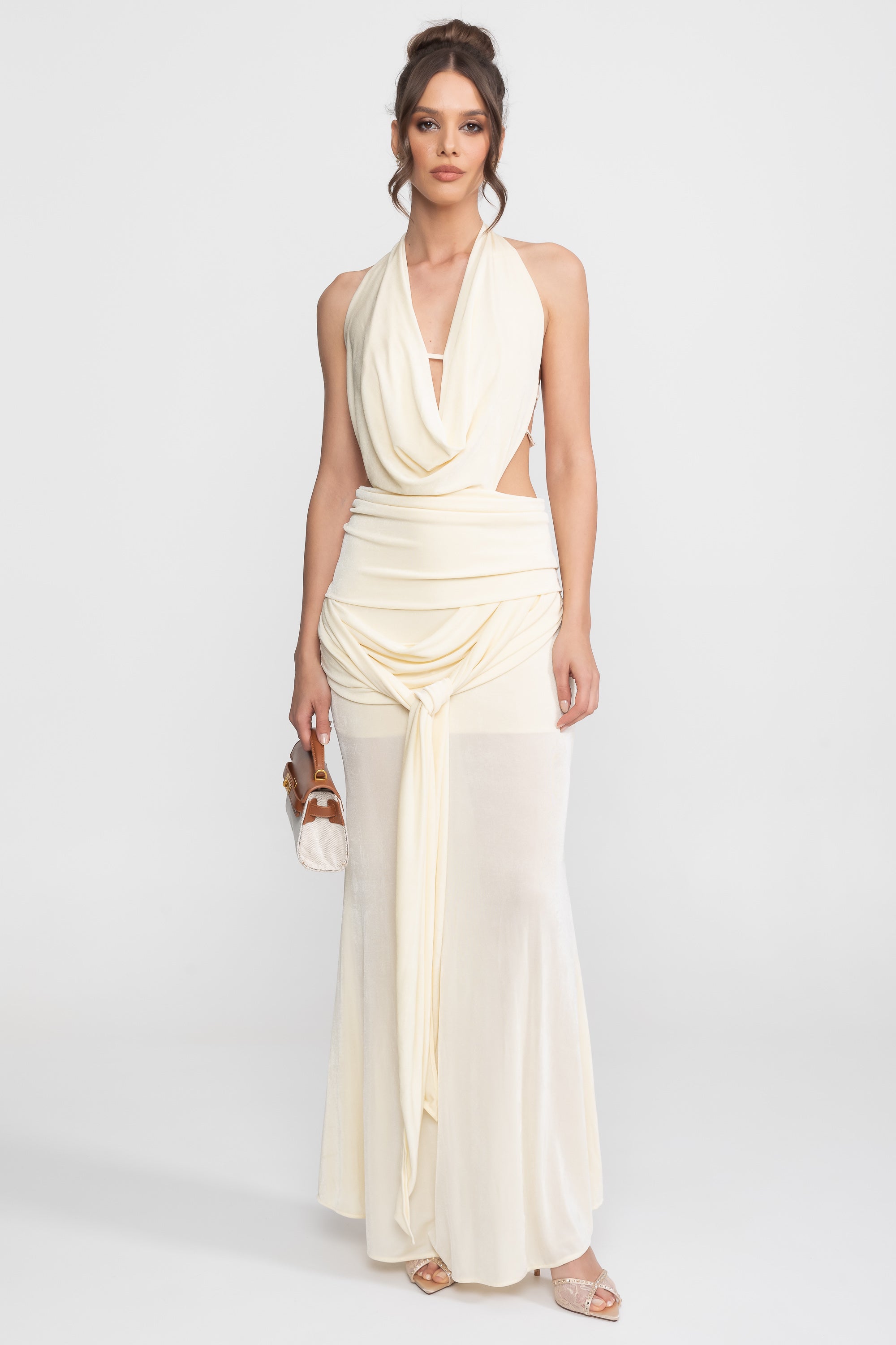 Draped Halter Gown With Ruched Side Tie Detail - Ivoire