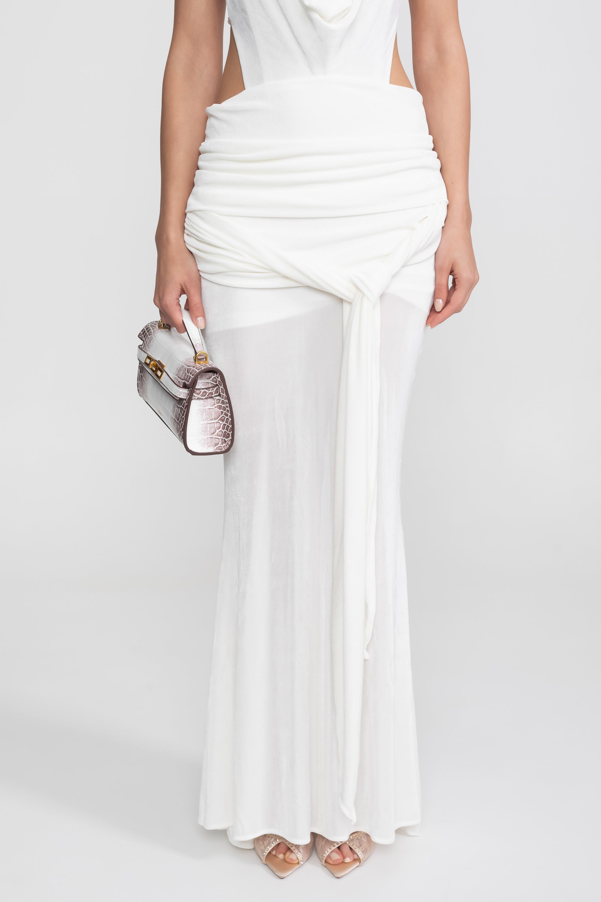 Draped Halter Gown With Ruched Side Tie Detail - White