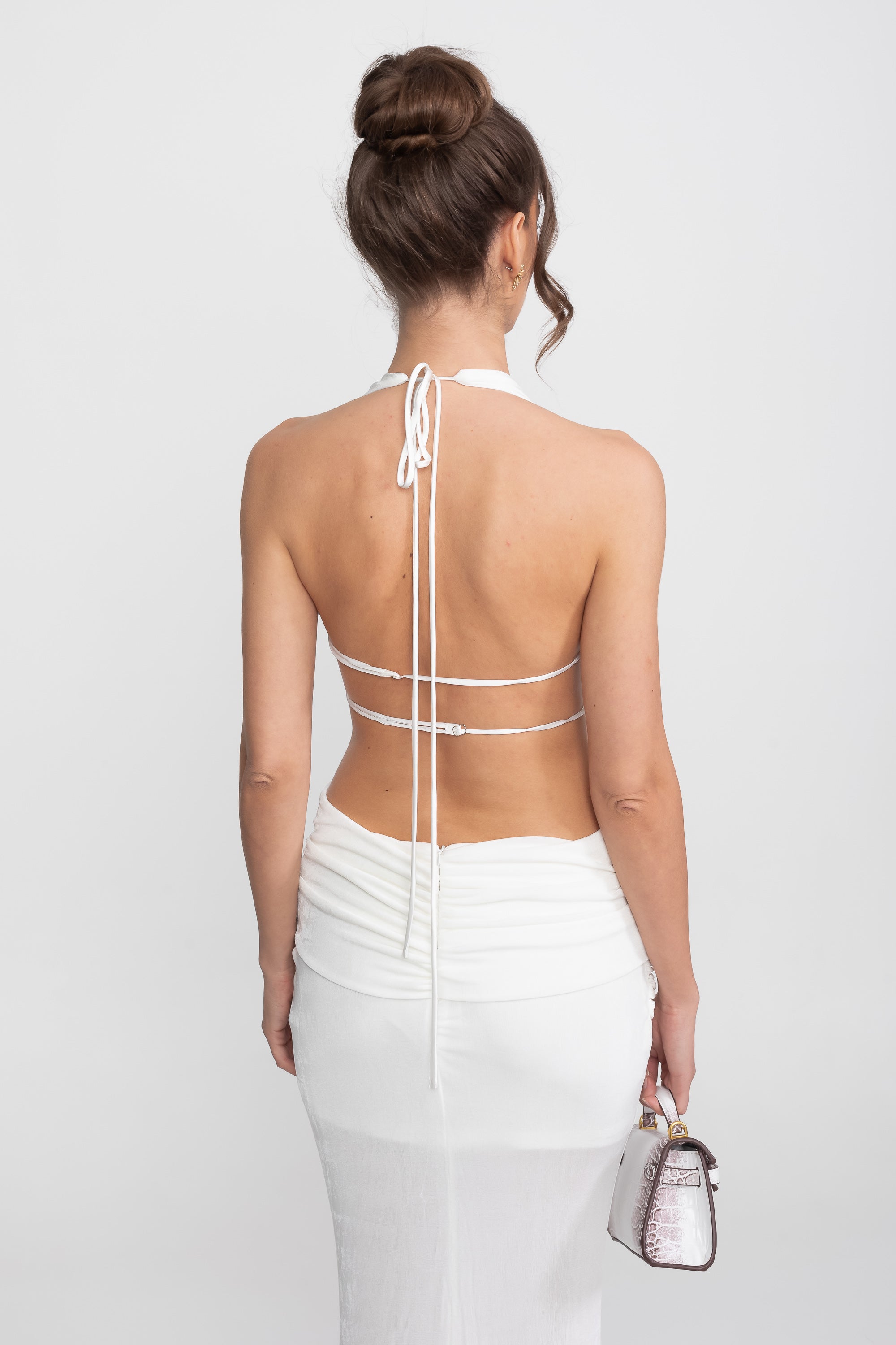 Draped Halter Gown With Ruched Side Tie Detail - White