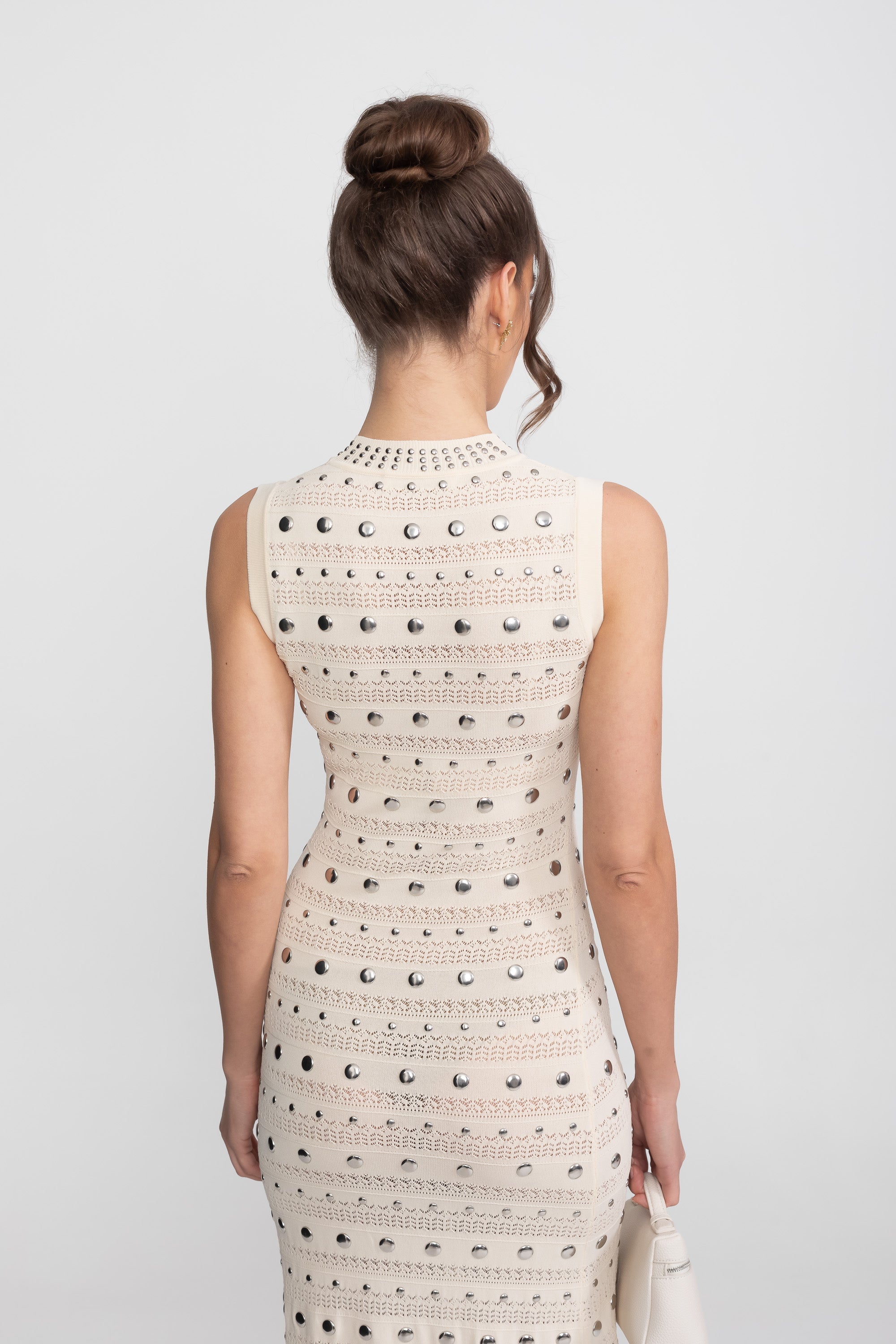 Embellished Knit Midi Dress With High Neck And Ruffle Hem - Cream