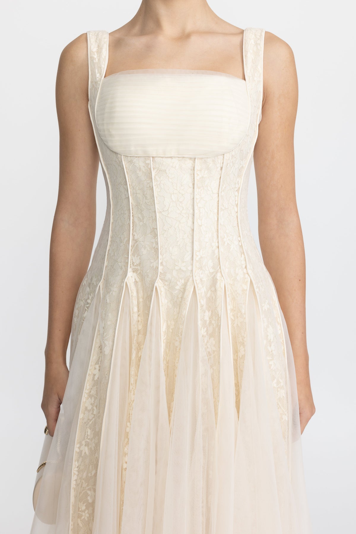 Églantine Ivoire Lace Panel Corset Tulle Midi Dress