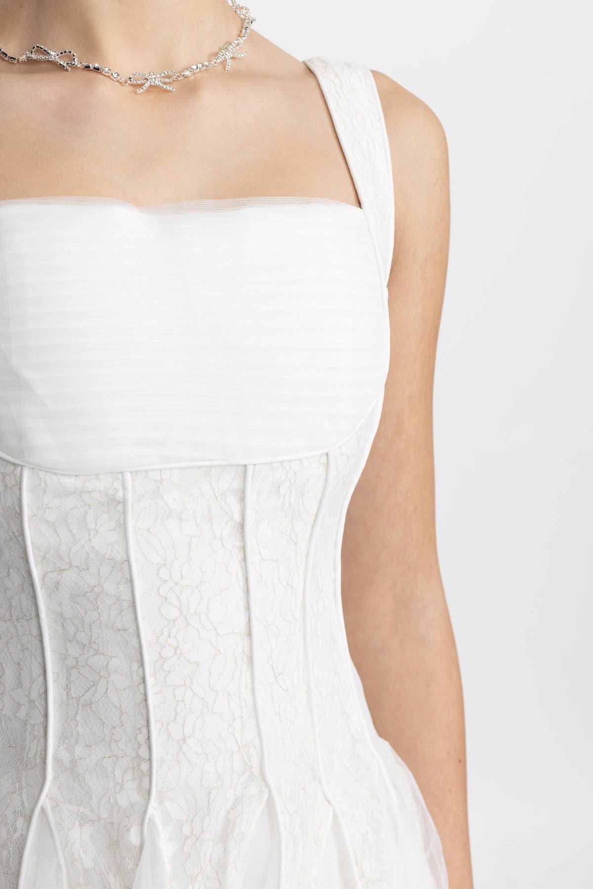 Églantine White Lace Panel Corset Tulle Midi Dress