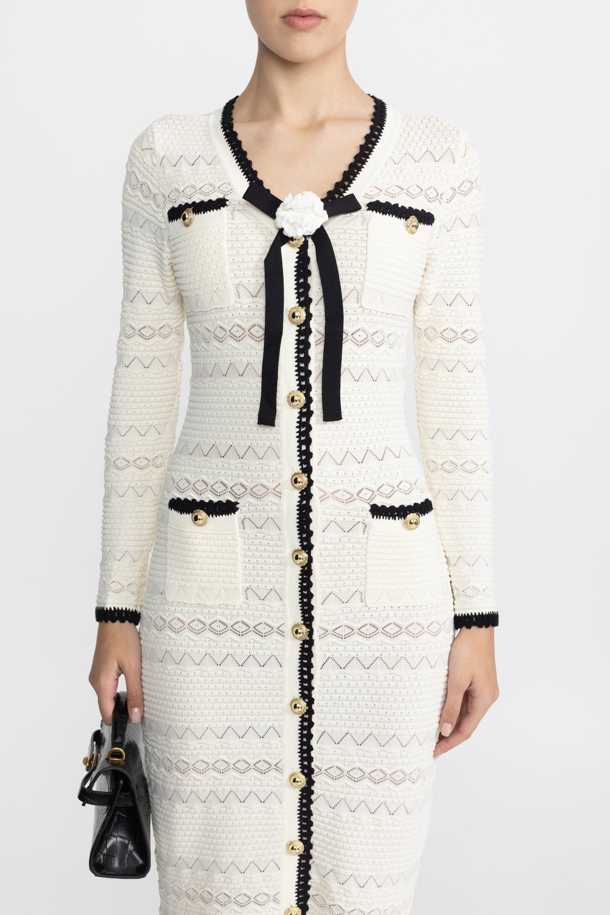 Adeline Ivoire Crochet Trim Knit Button Midi Dress with Flower Brooch