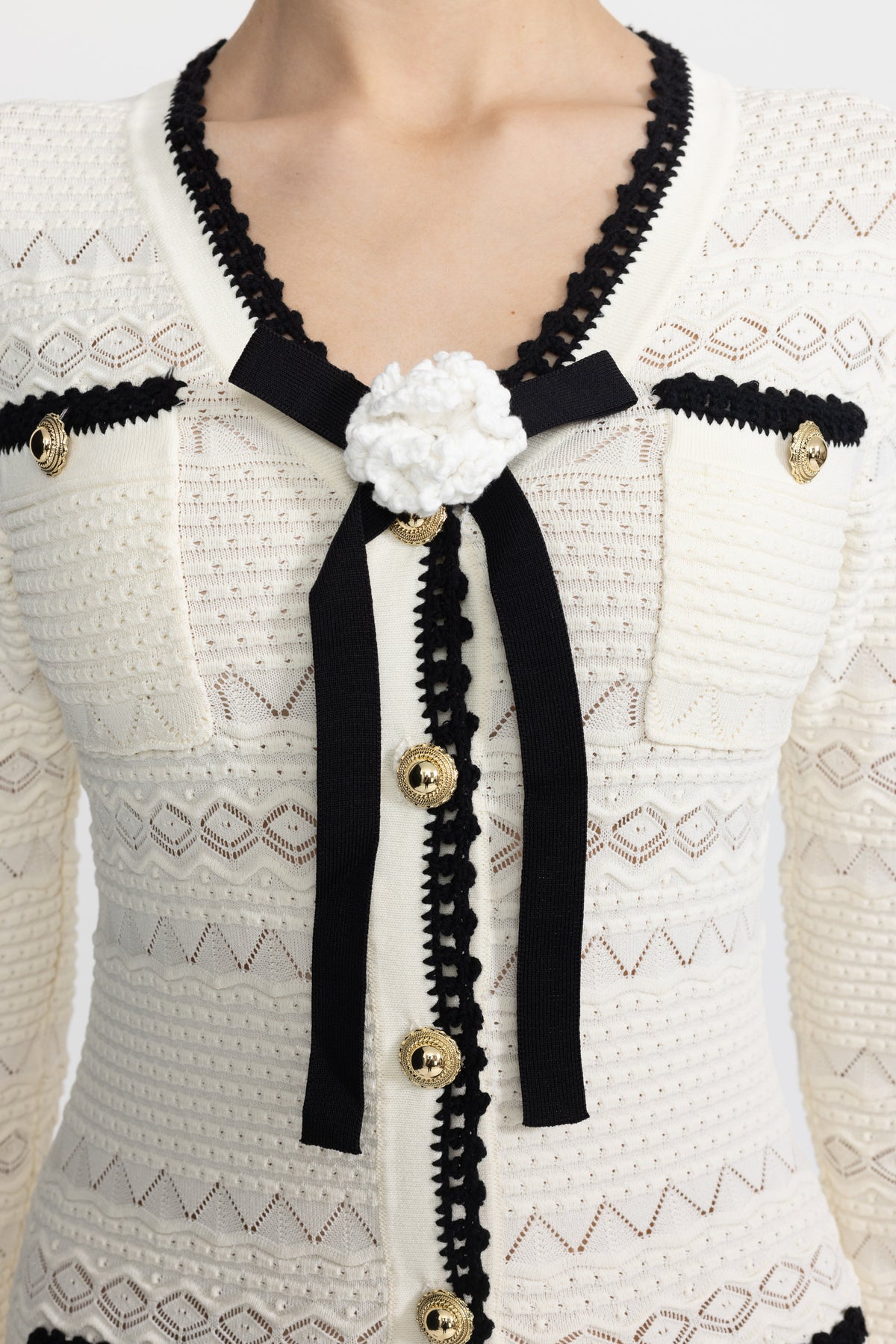 Adeline Ivoire Crochet Trim Knit Button Midi Dress with Flower Brooch
