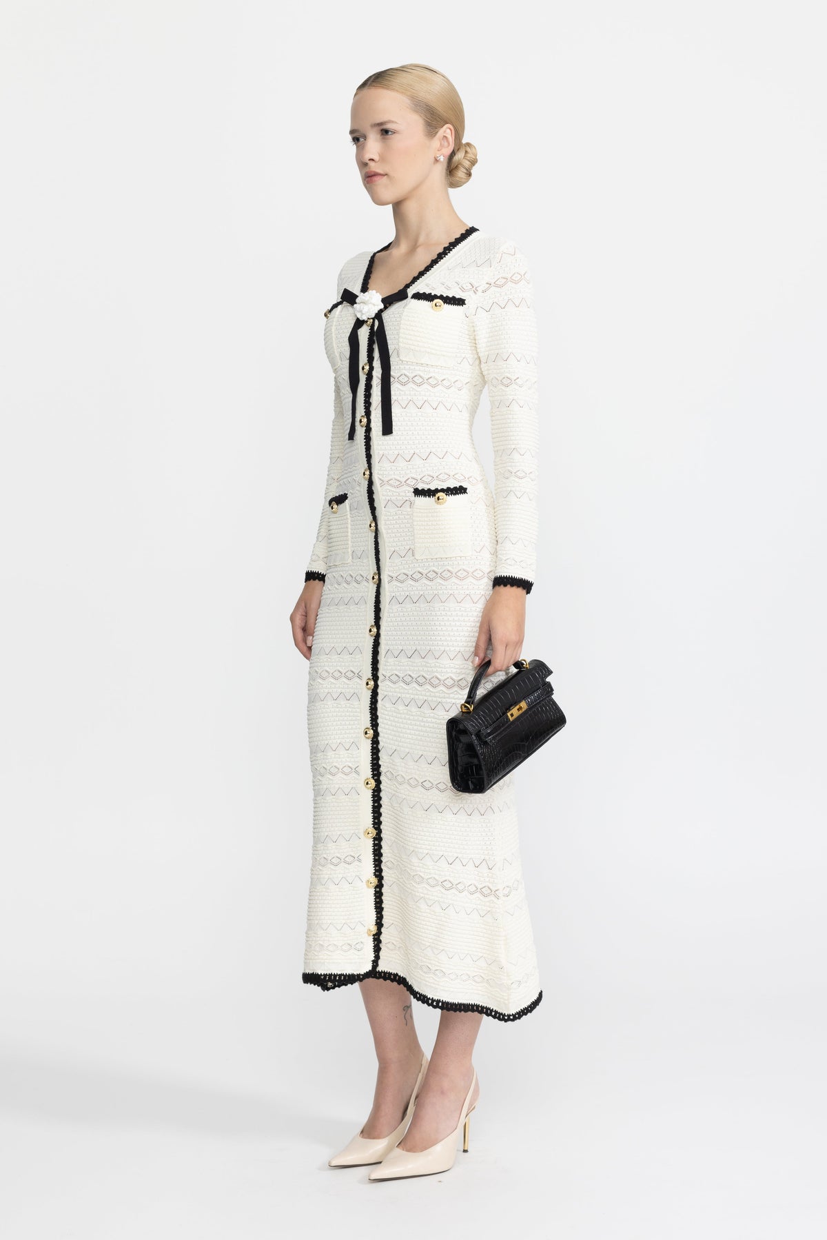 Adeline Ivoire Crochet Trim Knit Button Midi Dress with Flower Brooch