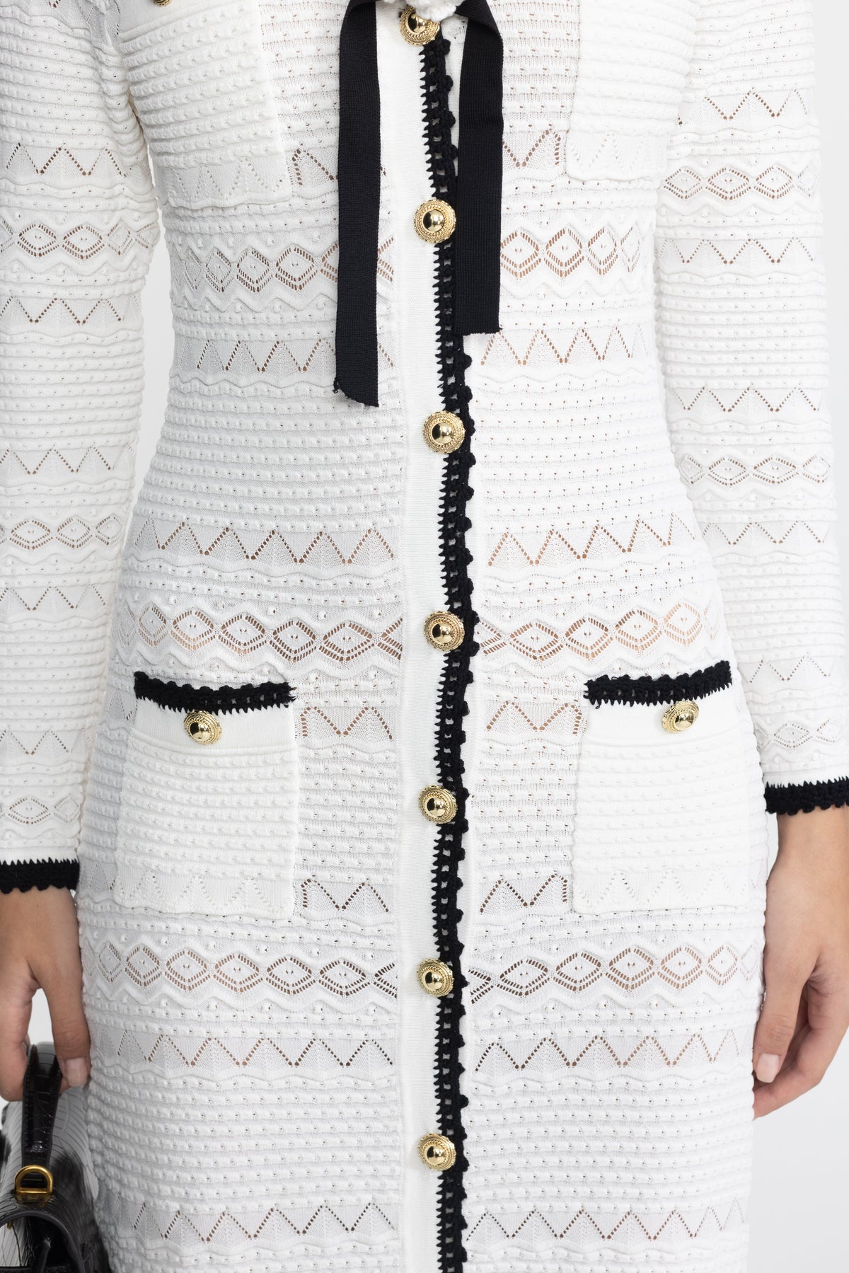 Adeline White Crochet Trim Knit Button Midi Dress with Flower Brooch