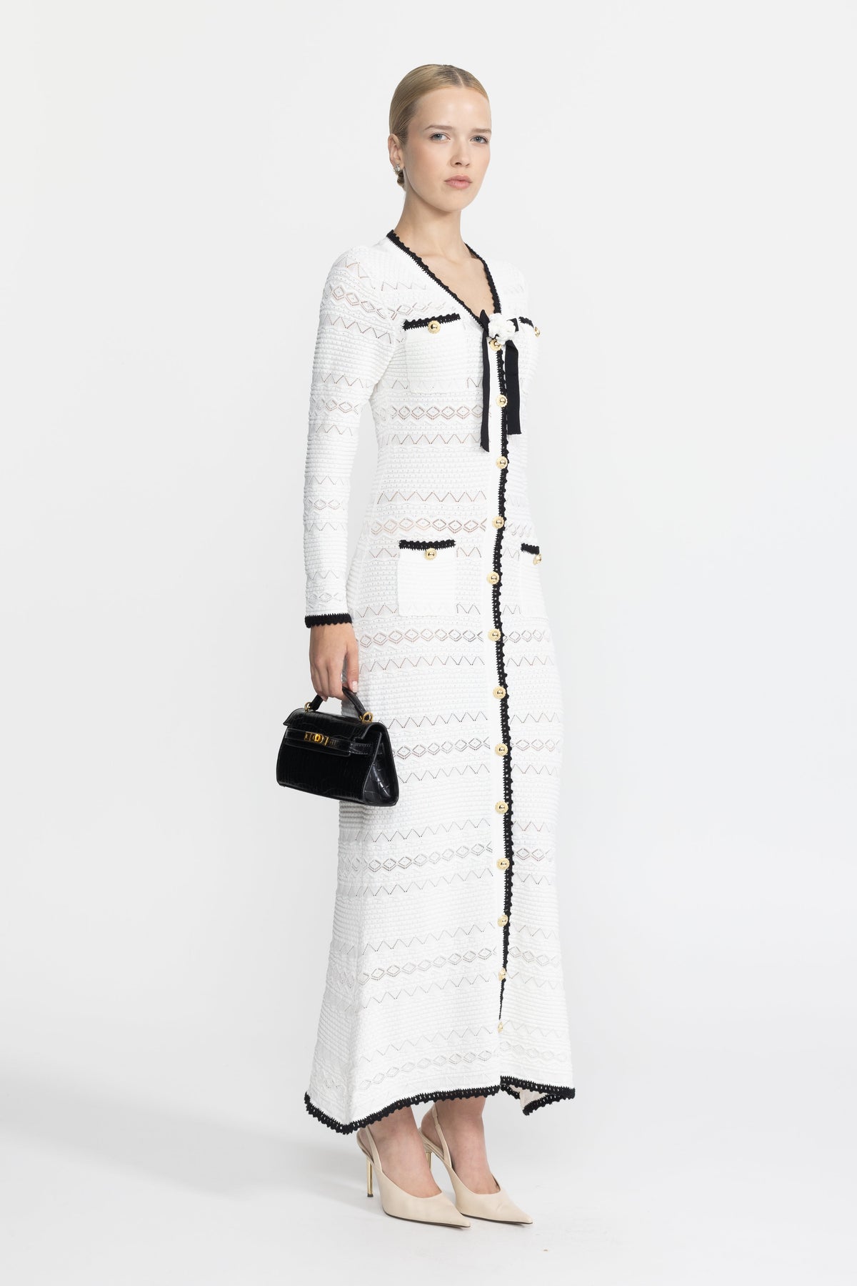 Adeline White Crochet Trim Knit Button Midi Dress with Flower Brooch