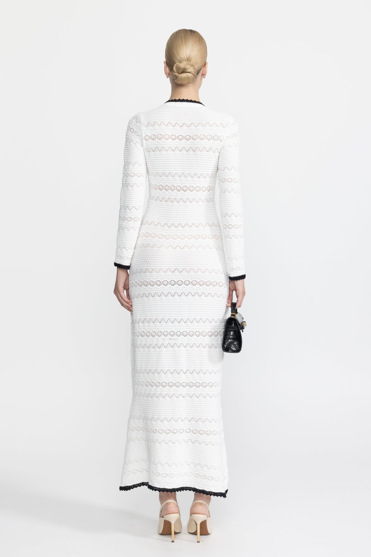 Adeline White Crochet Trim Knit Button Midi Dress with Flower Brooch