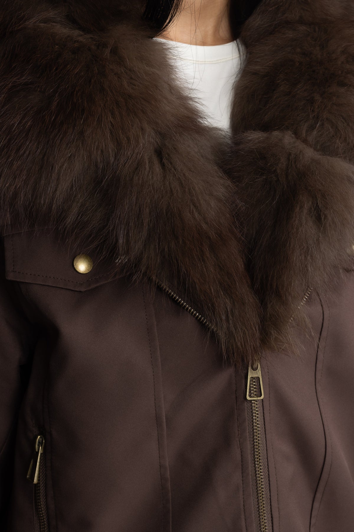 Angèle Chocolate Fox Fur Collar and Cuff Down Utility Jacket