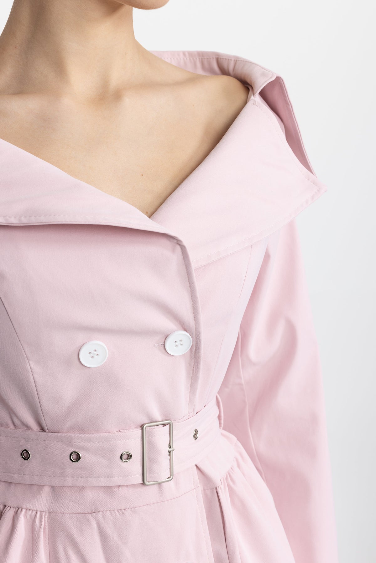 Ariane Pink Off-Shoulder Collar Belted Trench Dress