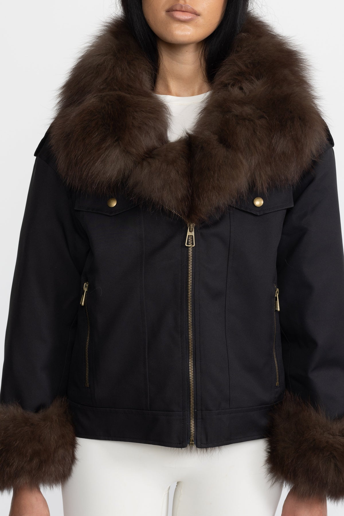 Angèle Black Fox Fur Collar and Cuff Down Utility Jacket