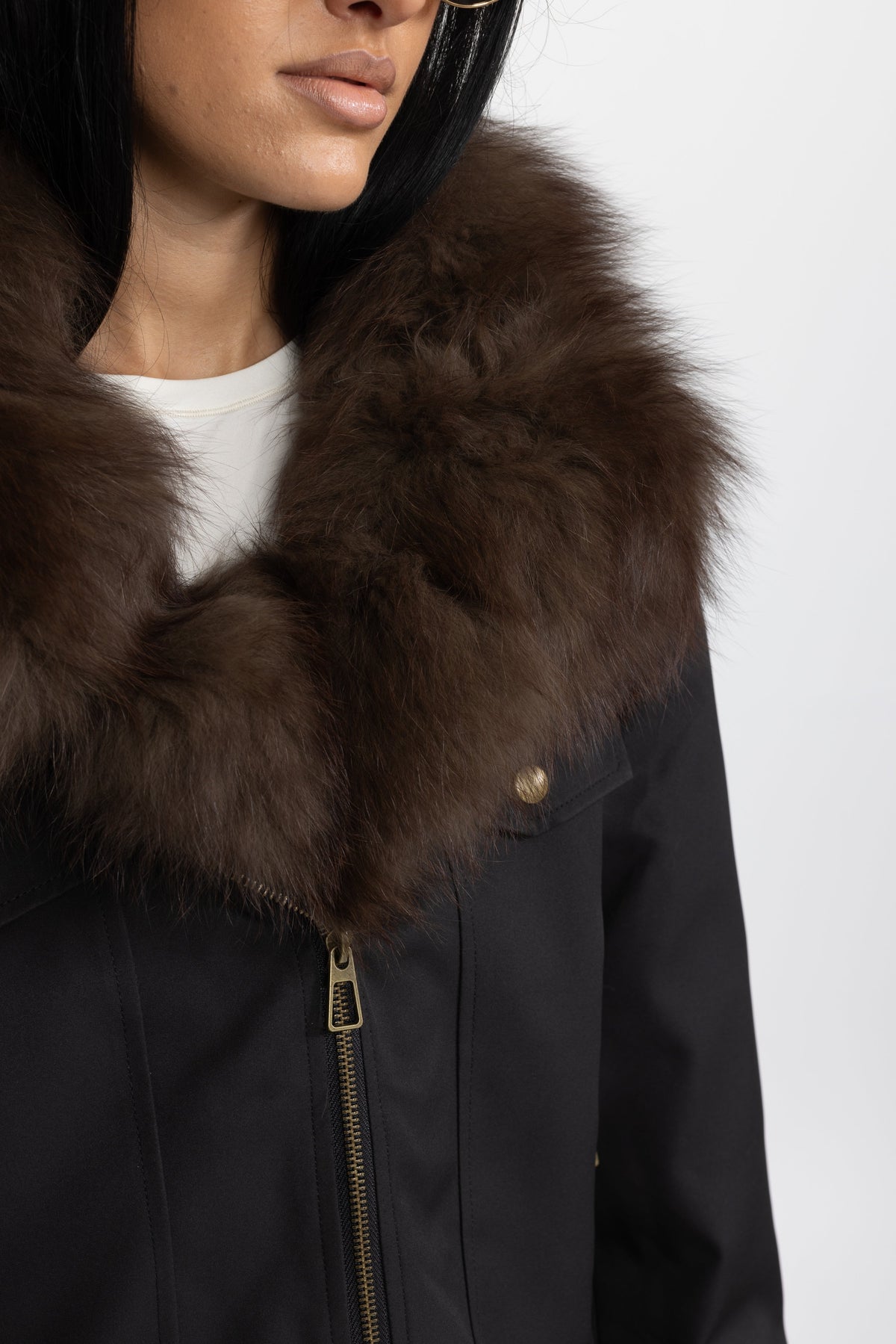 Angèle Black Fox Fur Collar and Cuff Down Utility Jacket