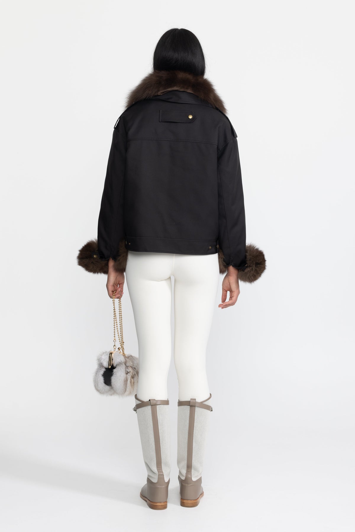 Angèle Black Fox Fur Collar and Cuff Down Utility Jacket
