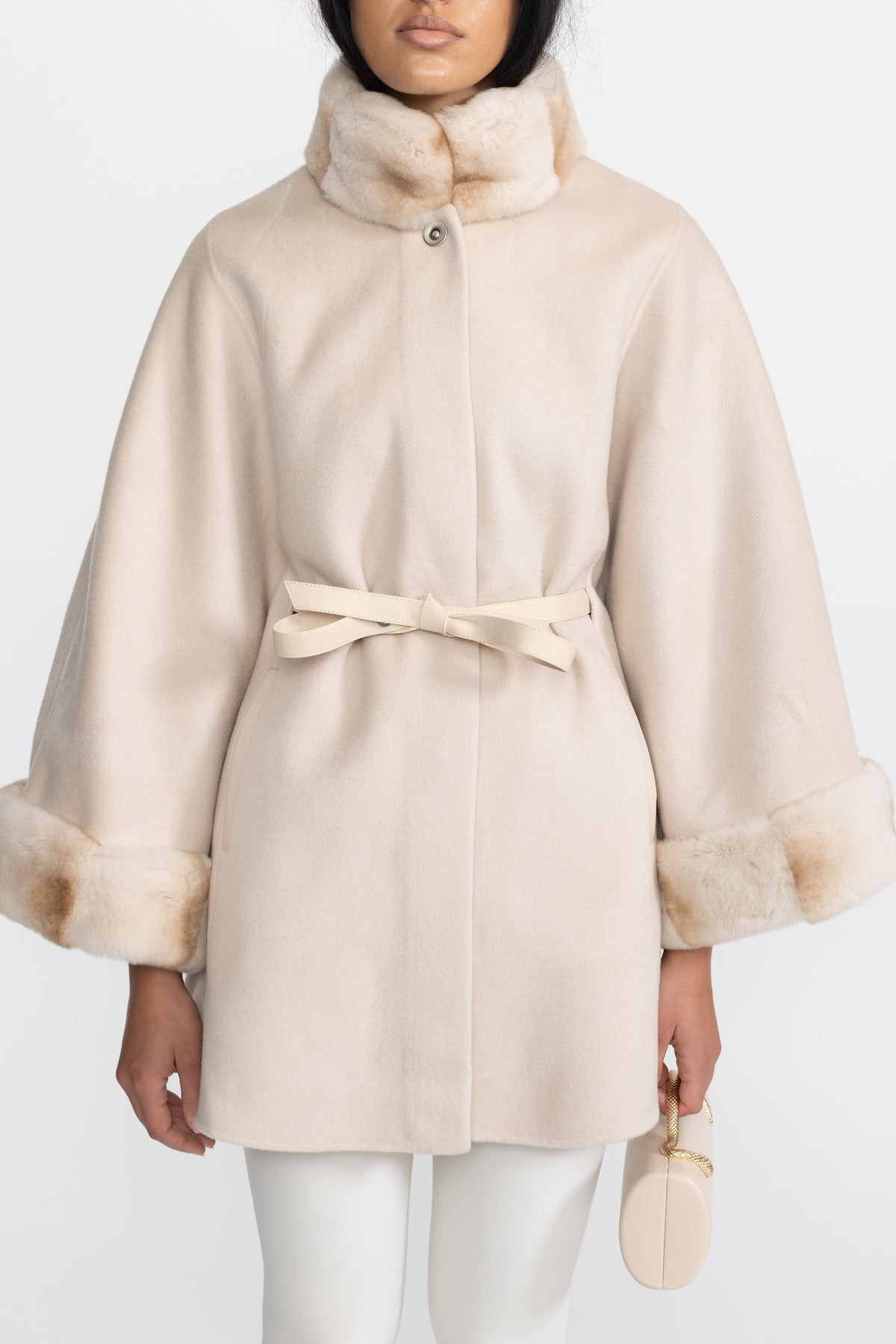 Marthe Ivoire Belted Wool&Cashmere Cape Coat with Chinchilla Rex Fur Collar and Cuffs