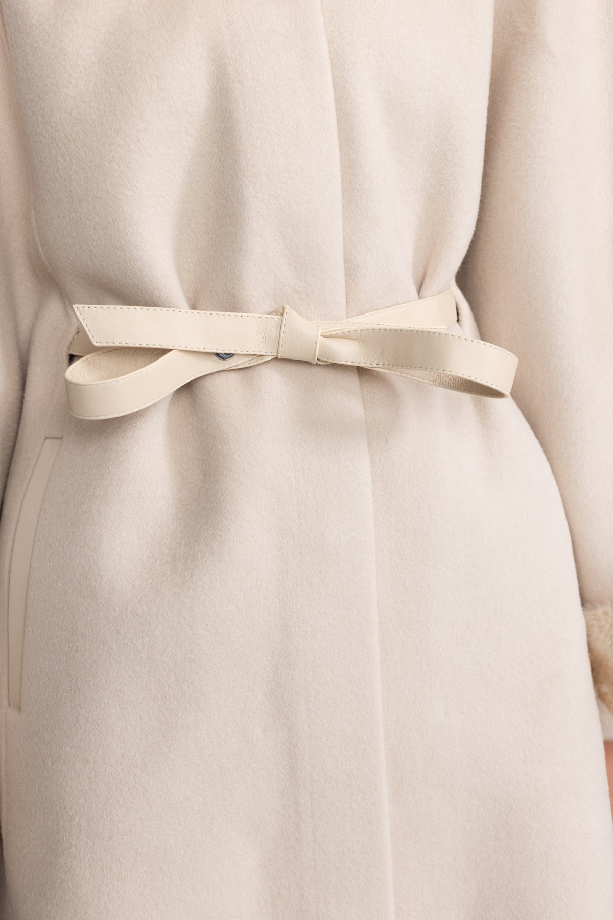Marthe Ivoire Belted Wool&Cashmere Cape Coat with Chinchilla Rex Fur Collar and Cuffs