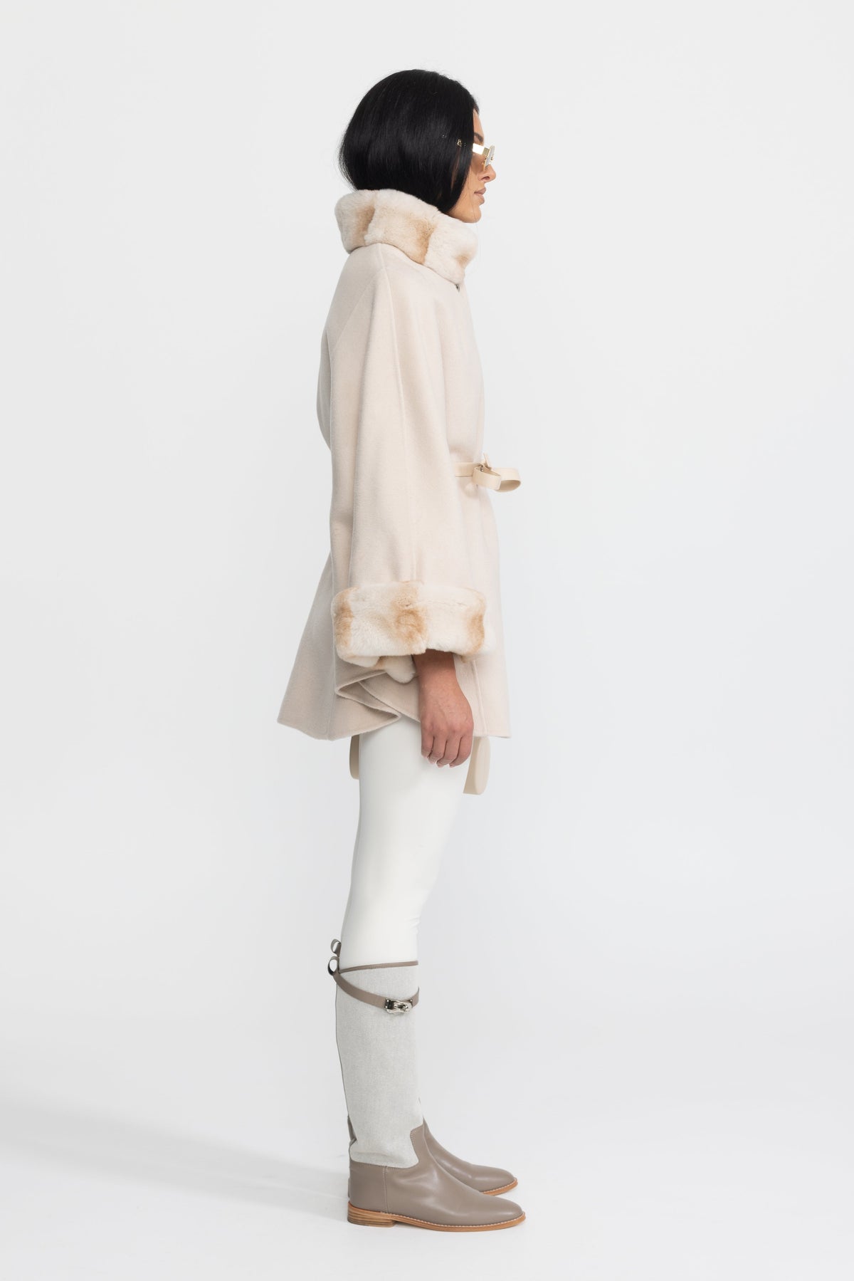 Marthe Ivoire Belted Wool&Cashmere Cape Coat with Chinchilla Rex Fur Collar and Cuffs