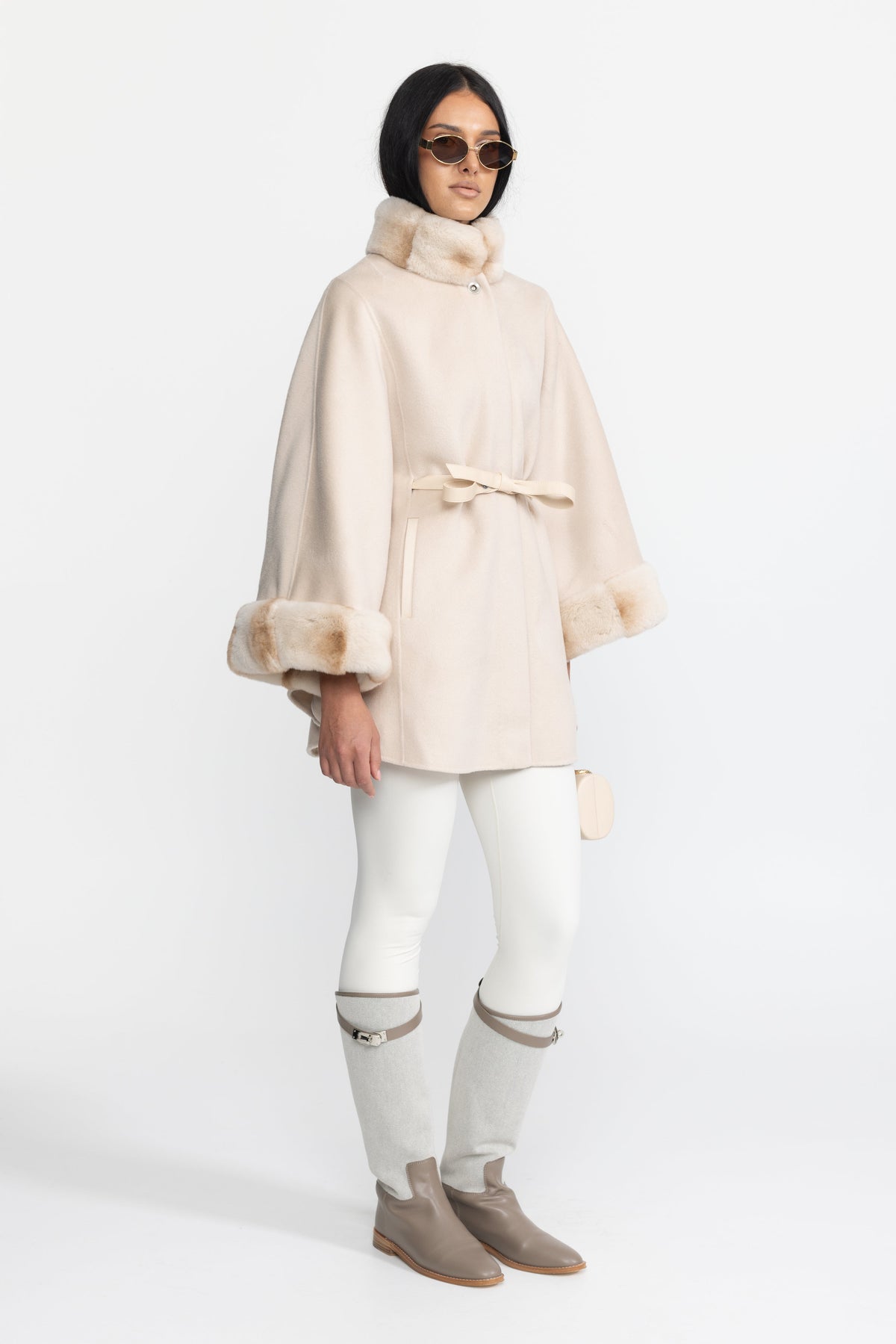Marthe Ivoire Belted Wool&Cashmere Cape Coat with Chinchilla Rex Fur Collar and Cuffs