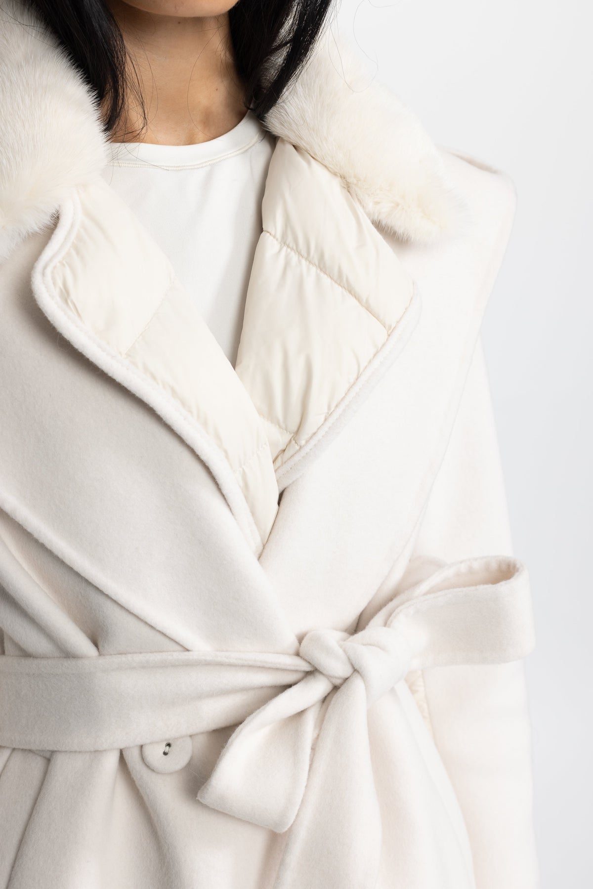 Bathilde Ivoire Quilted Back Hooded Wool Wrap Coat with Mink Fur