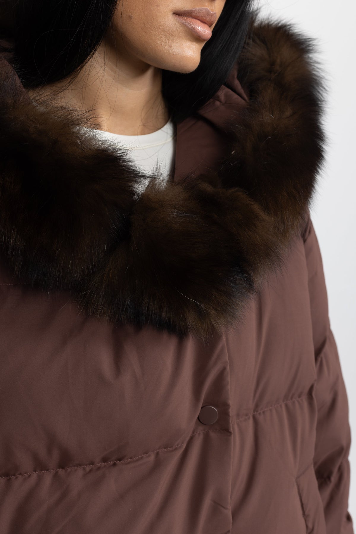 Eulalie Chocolate Fox Fur Hood Cropped Down Puffer Jacket