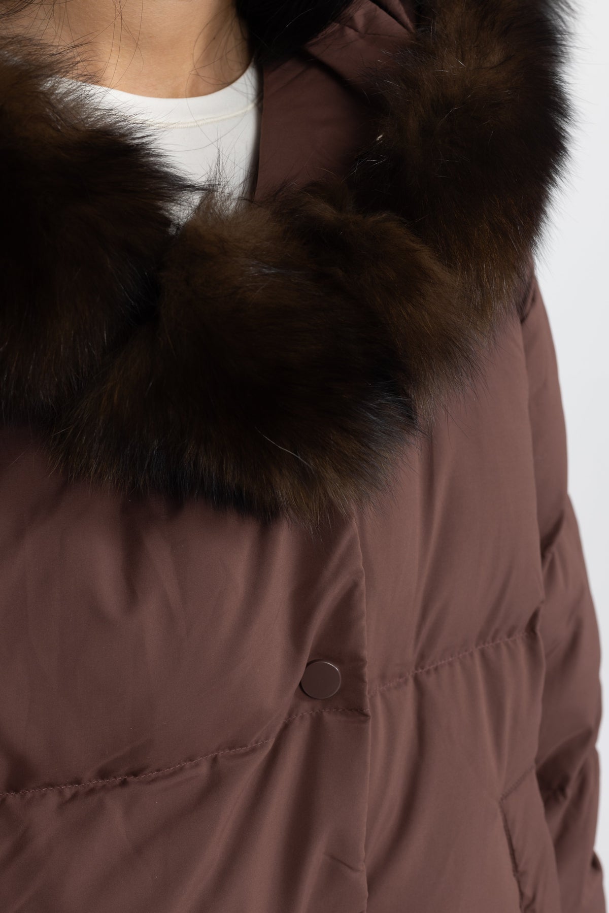 Eulalie Chocolate Fox Fur Hood Cropped Down Puffer Jacket