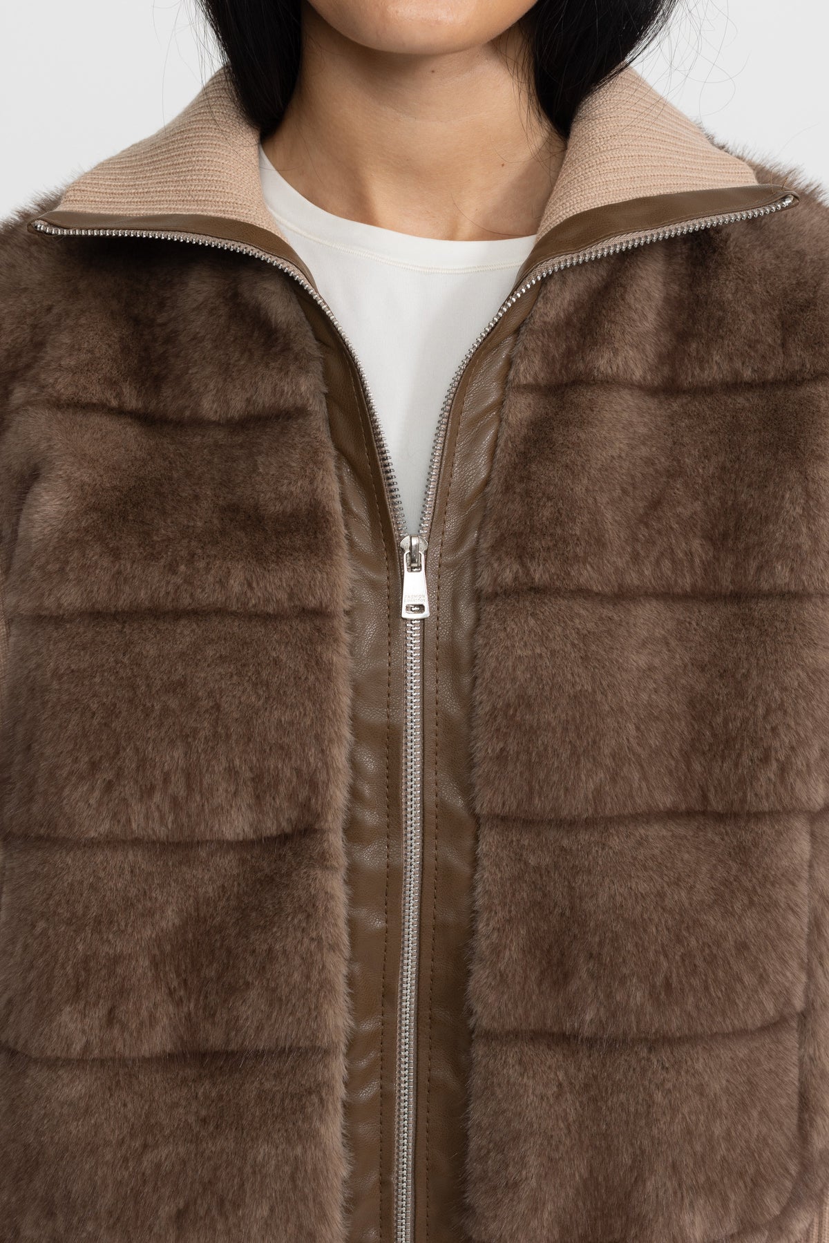 Calixte Mocha Plush Panel Knit Sleeve Zip Jacket