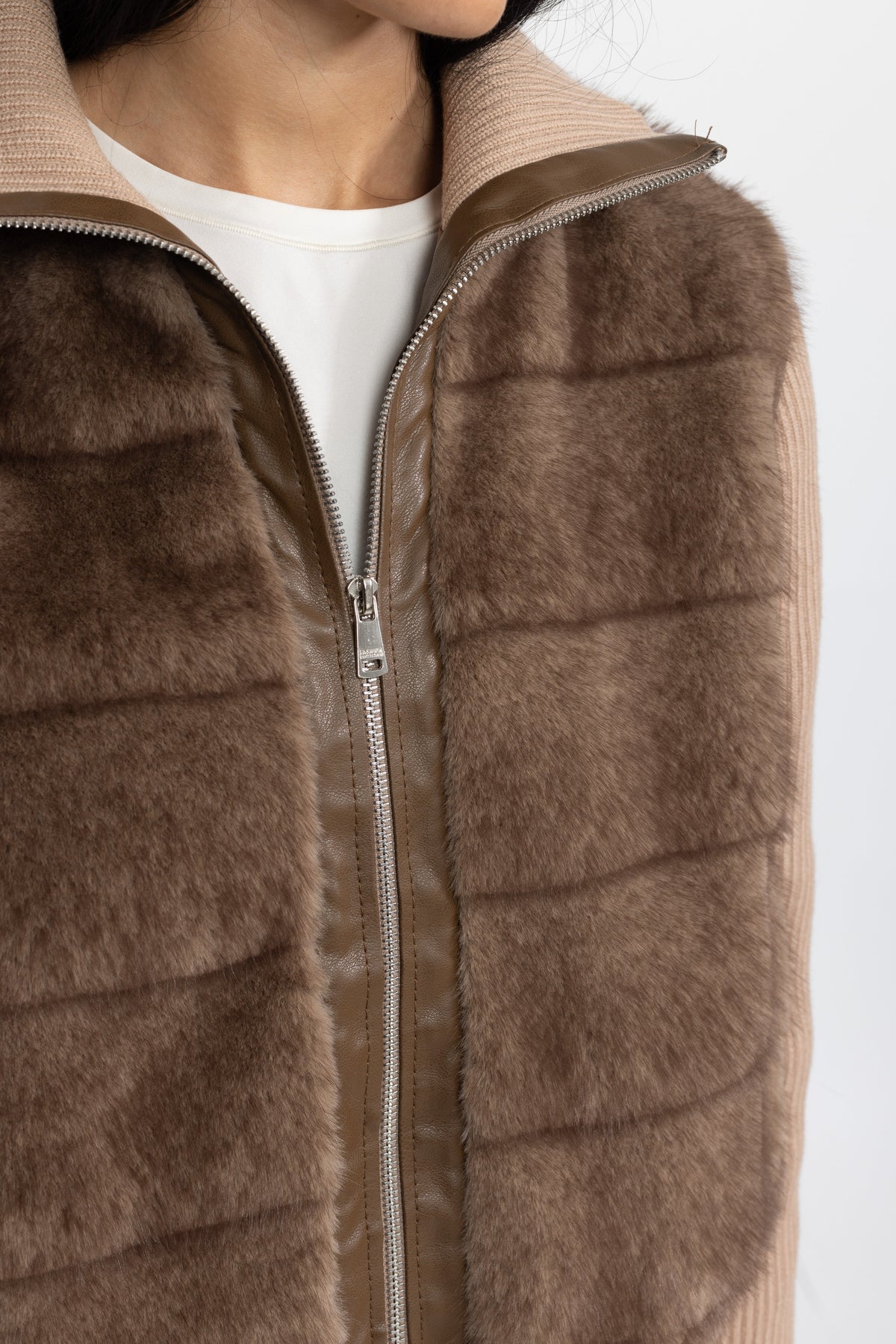Calixte Mocha Plush Panel Knit Sleeve Zip Jacket