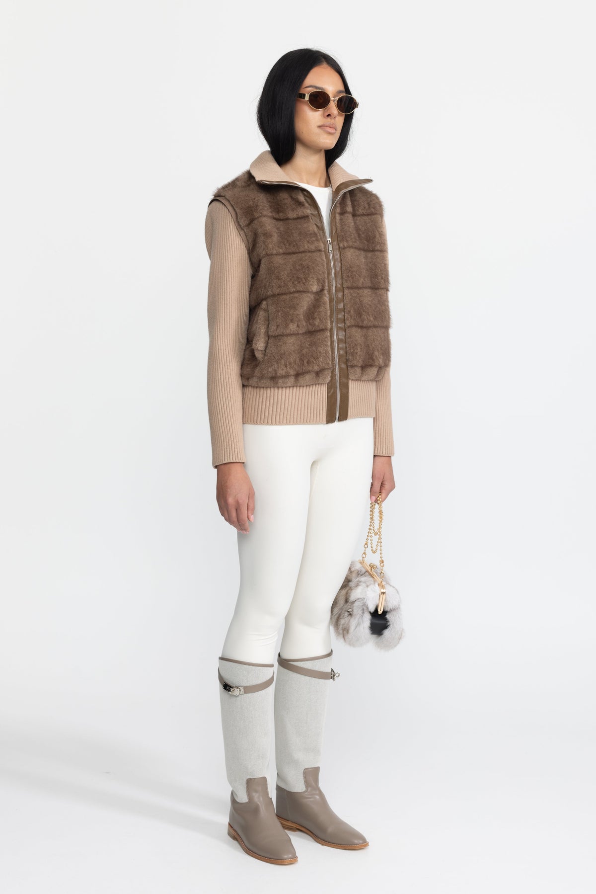 Calixte Mocha Plush Panel Knit Sleeve Zip Jacket
