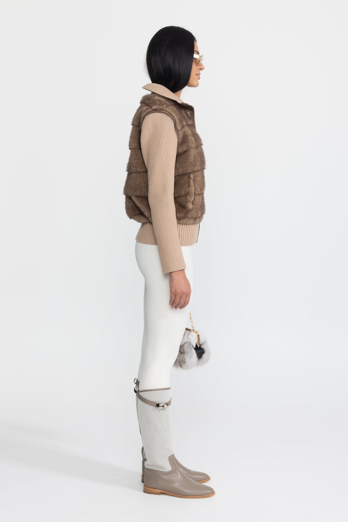 Calixte Mocha Plush Panel Knit Sleeve Zip Jacket