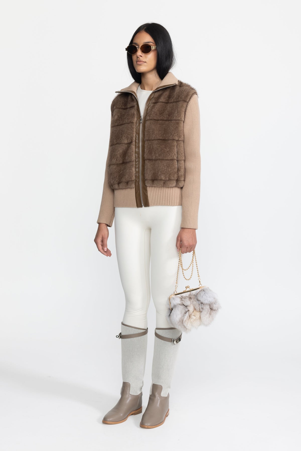 Calixte Mocha Plush Panel Knit Sleeve Zip Jacket