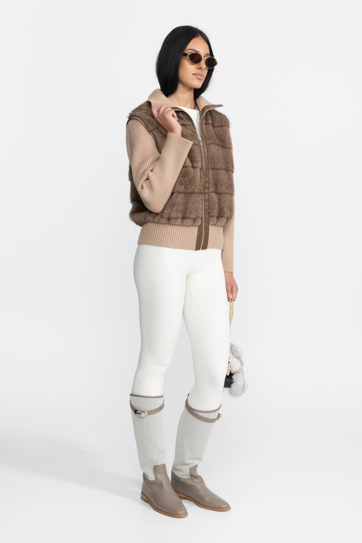 Calixte Mocha Plush Panel Knit Sleeve Zip Jacket