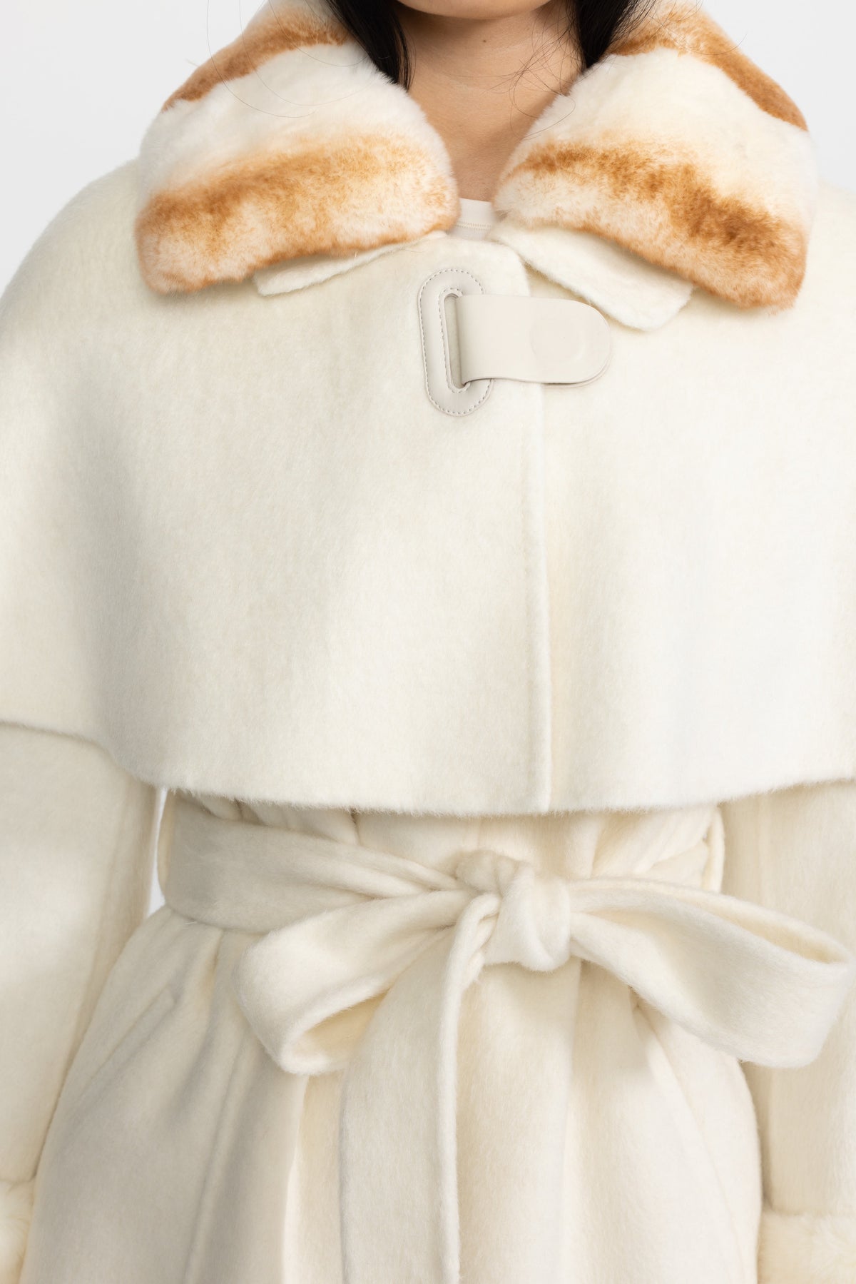 Brune Ivoire Rex Rabbit Fur Collar Capelet Wool Coat