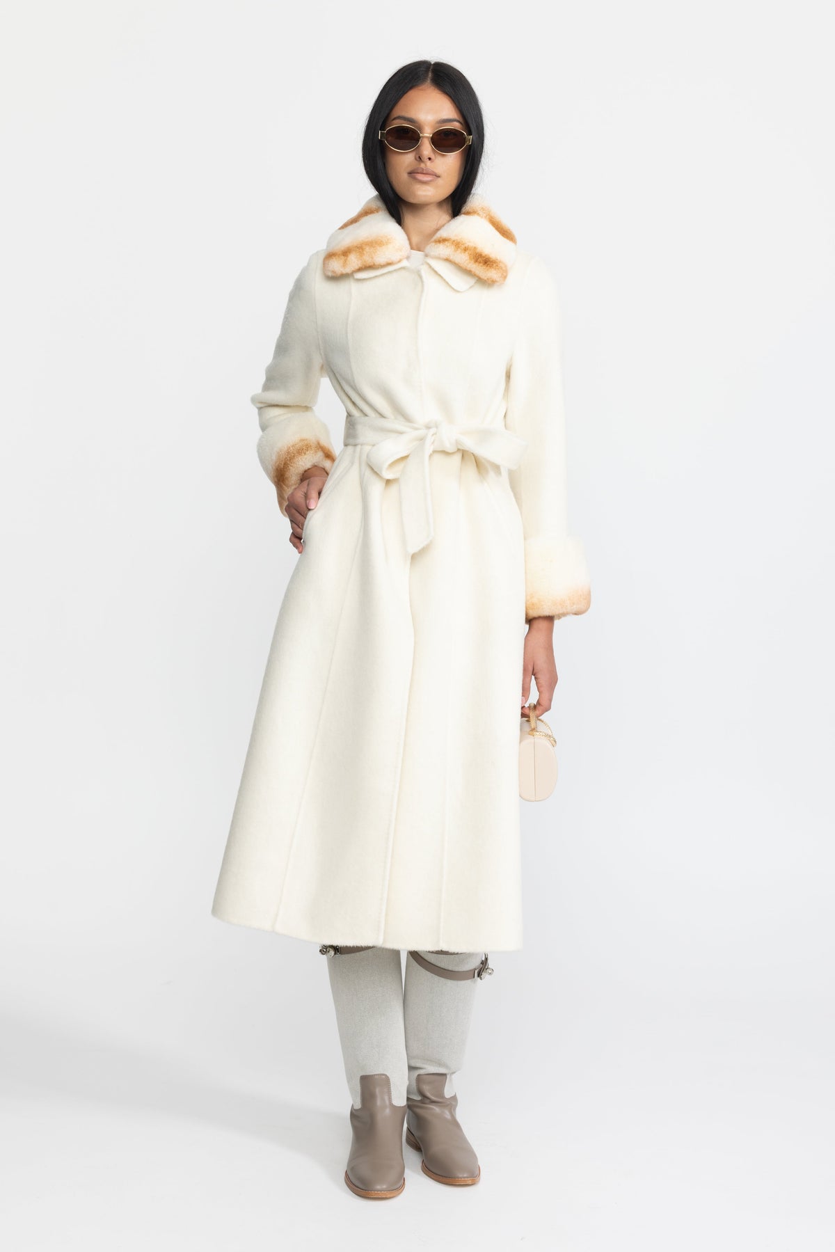 Brune Ivoire Rex Rabbit Fur Collar Capelet Wool Coat